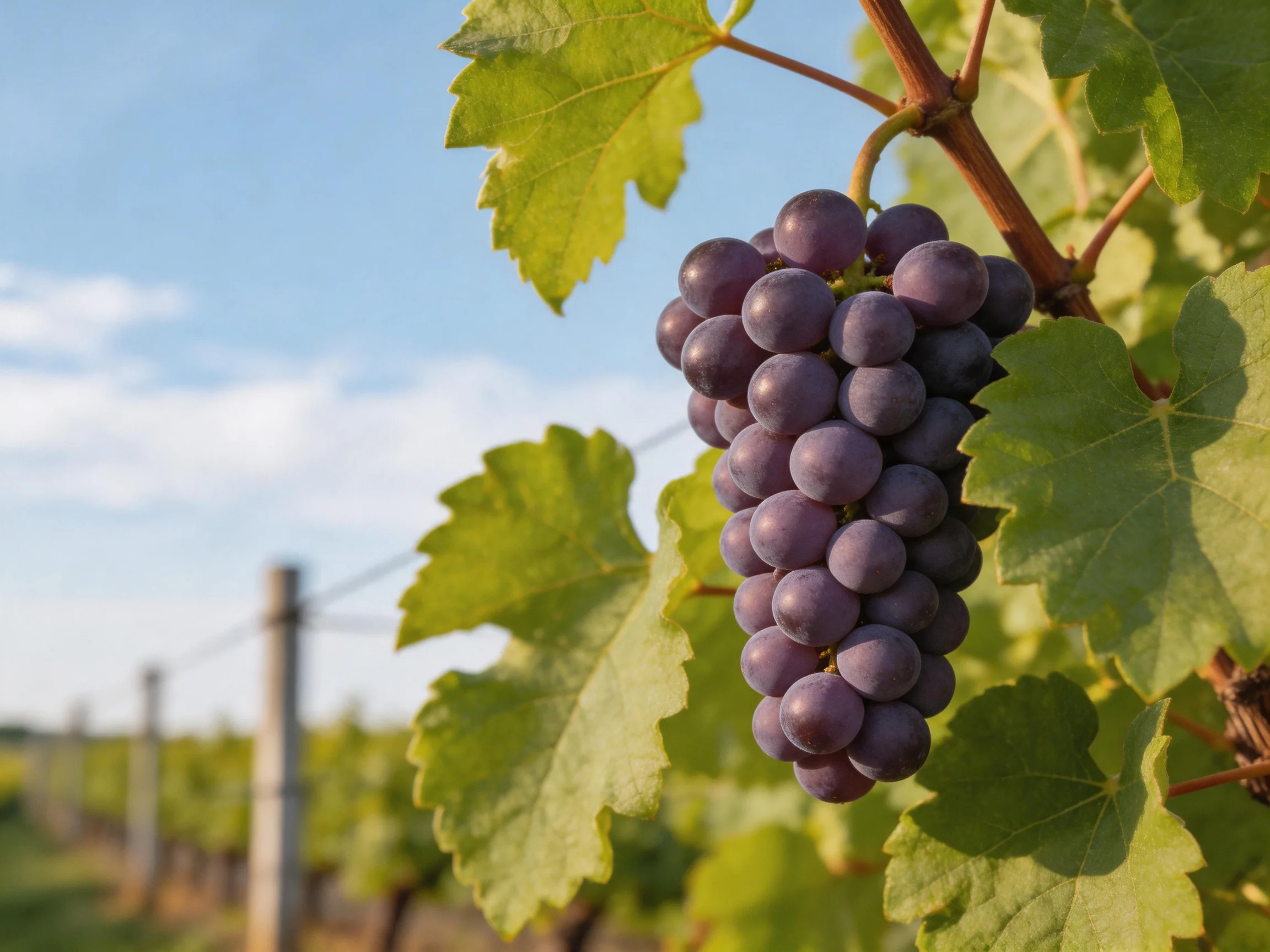A cluster of plump dark purple grapes hangs from a vine in a sunlit vineyard