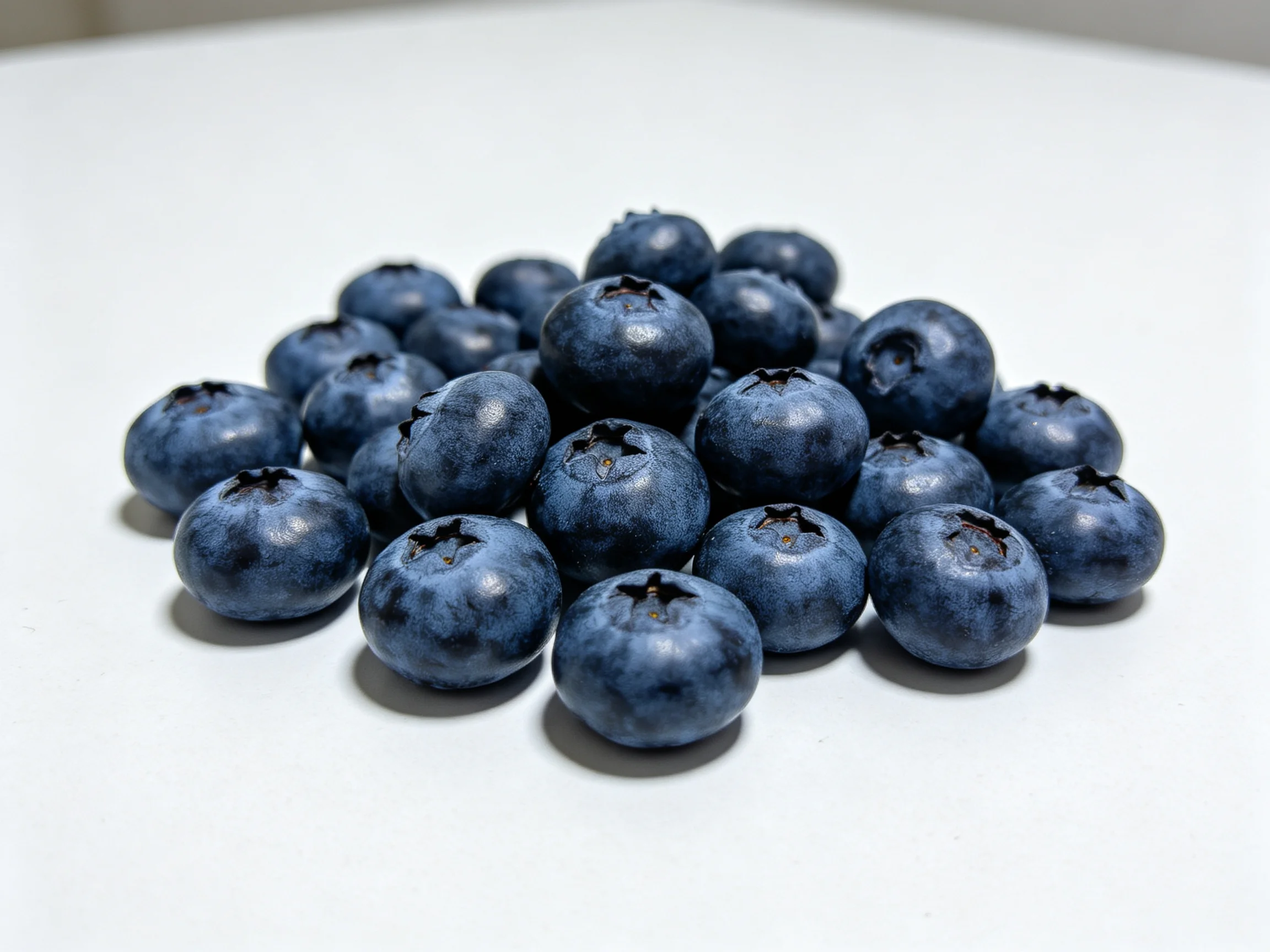 A cluster of plump deep-blue fresh blueberries on a white surface