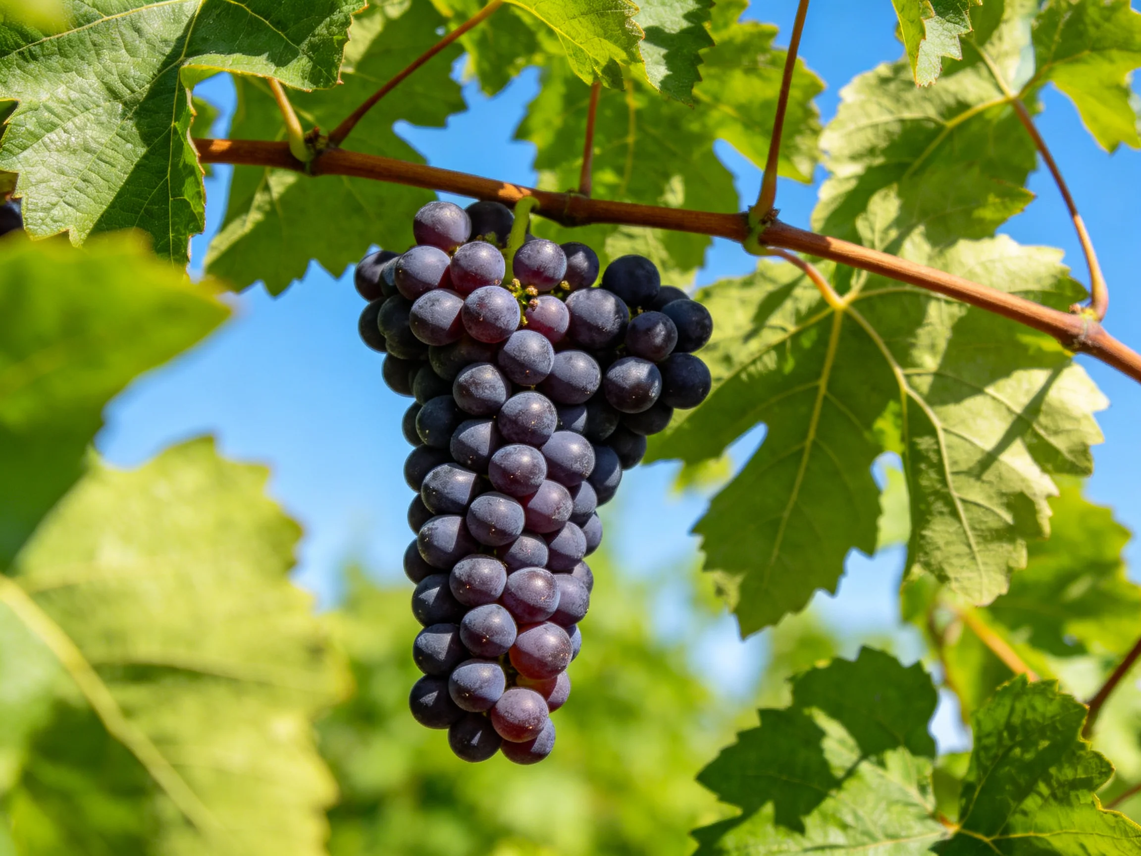 A cluster of plump, deep purple grapes hangs from a vine amid vibrant green leaves under bright blue 
