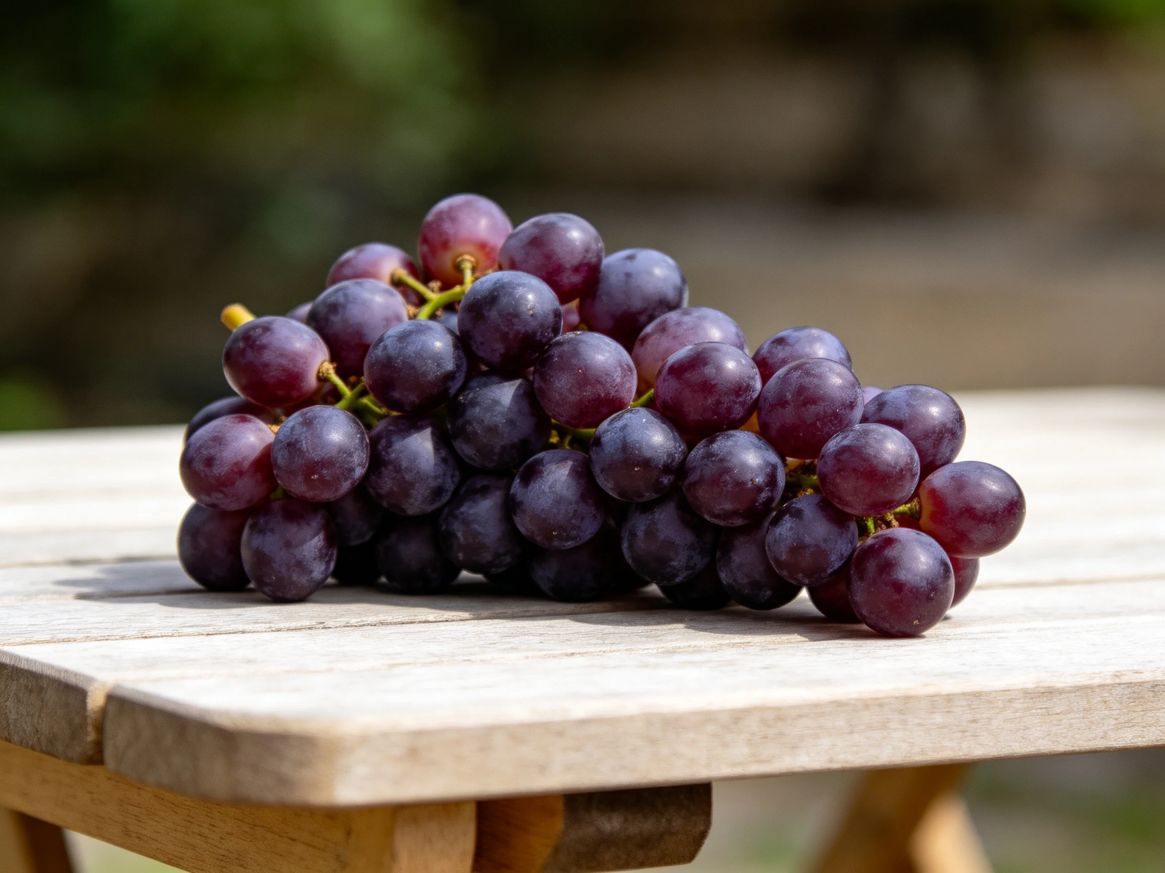 A cluster of plump, deep-purple grapes lies on a light wooden outdoor table