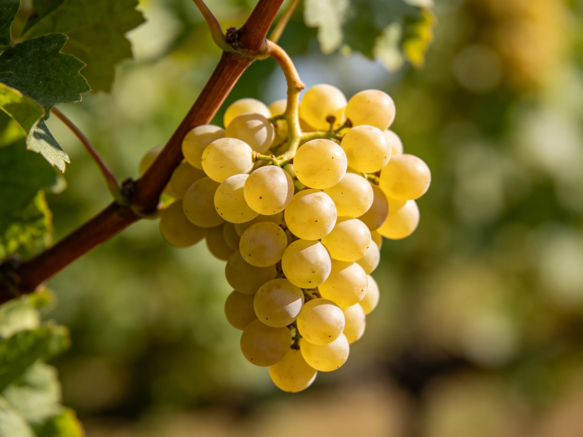A cluster of plump golden grapes hangs from a vine amid green foliage