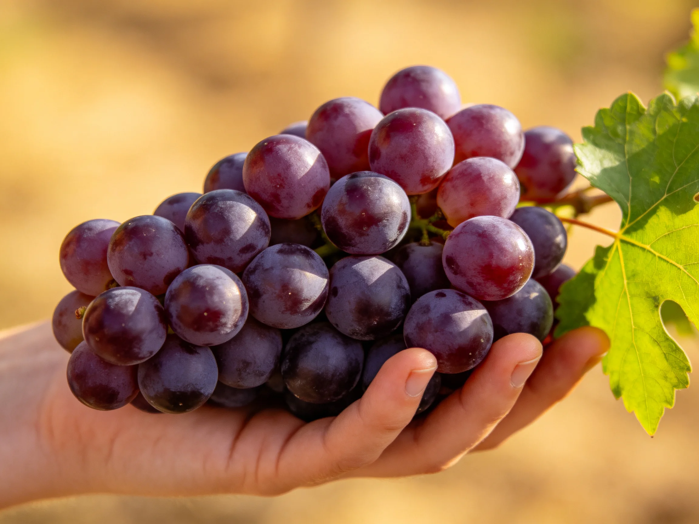 A cluster of plump purple grapes held in a hand with green foliage