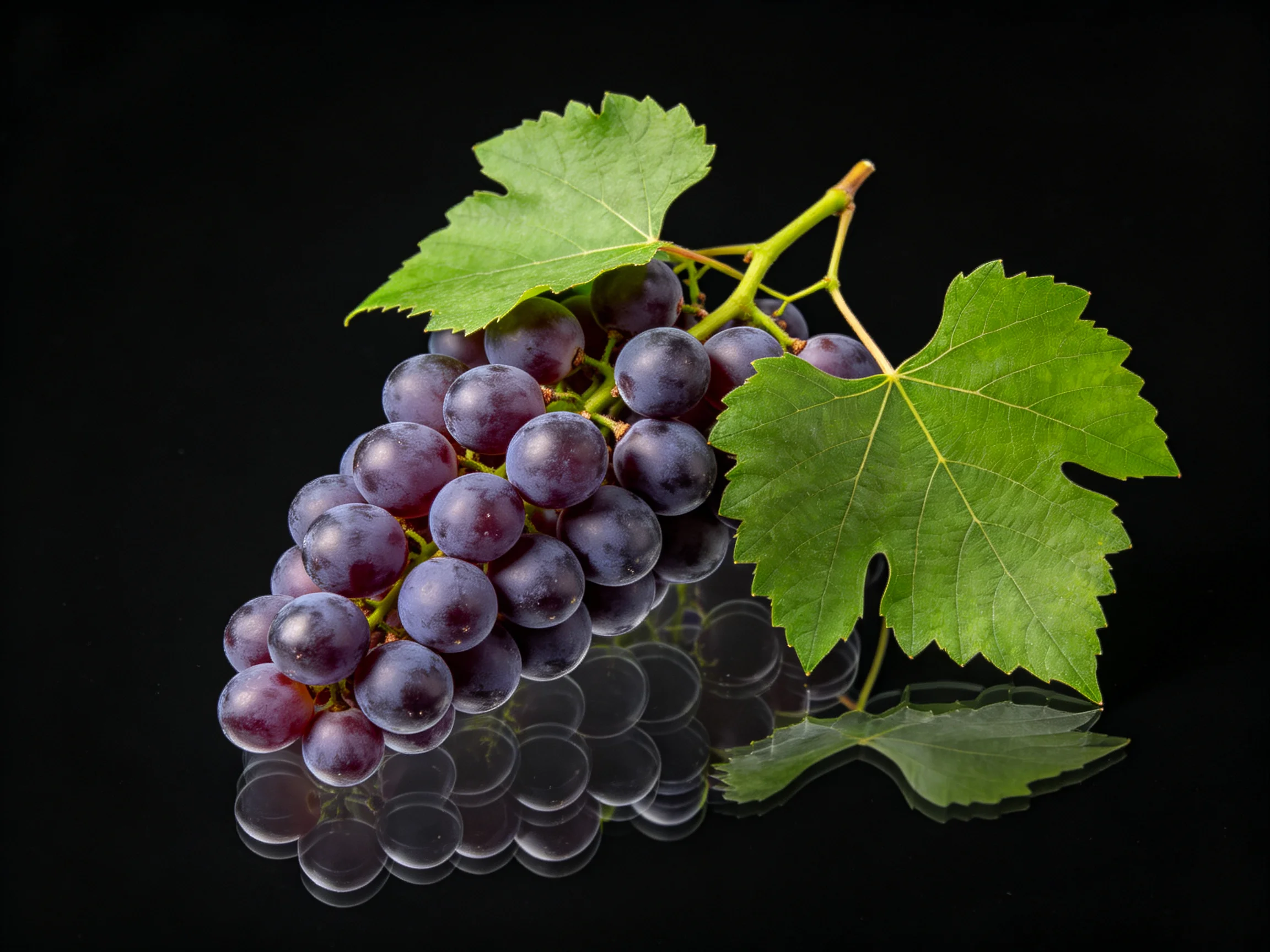 A cluster of plump purple grapes with vibrant green leaves on a reflective black surface