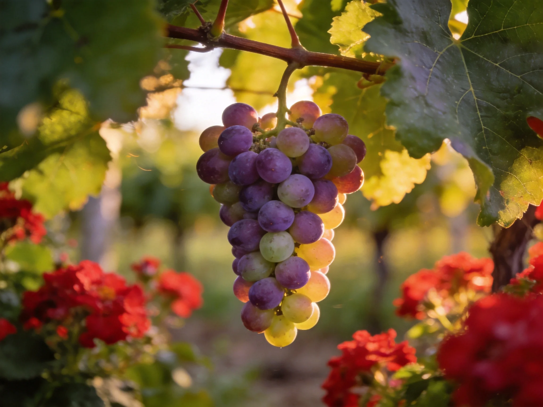 A cluster of purple and green grapes hangs amid vibrant red flowers and broad green leaves