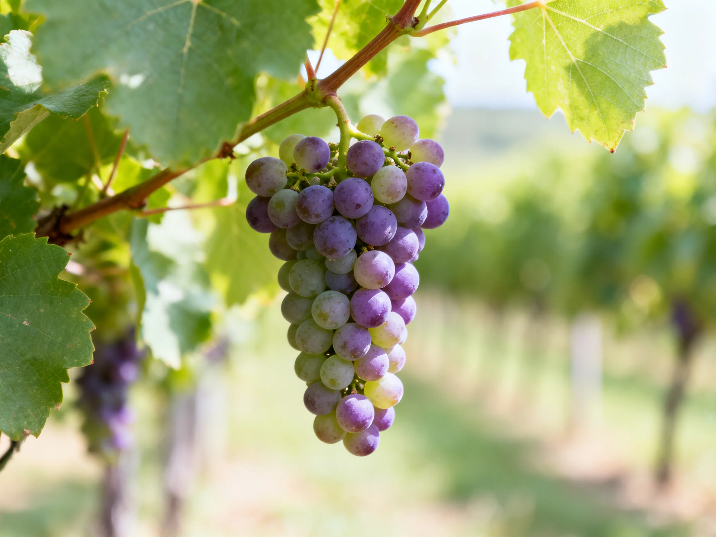 A cluster of purple and green grapes hangs from a vine in a sunlit vineyard