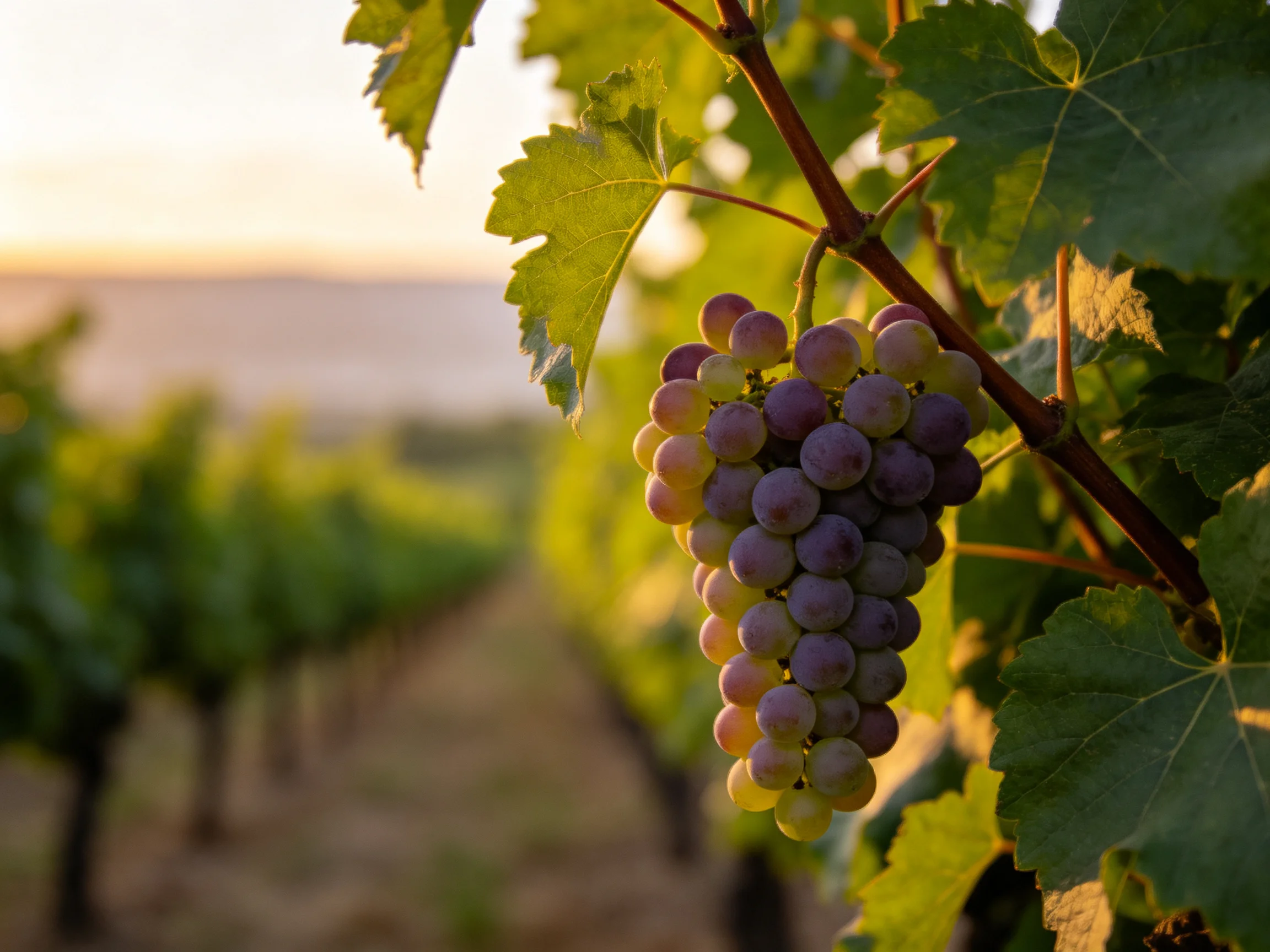 A cluster of purple and green grapes hangs from a vineyard branch at sunset
