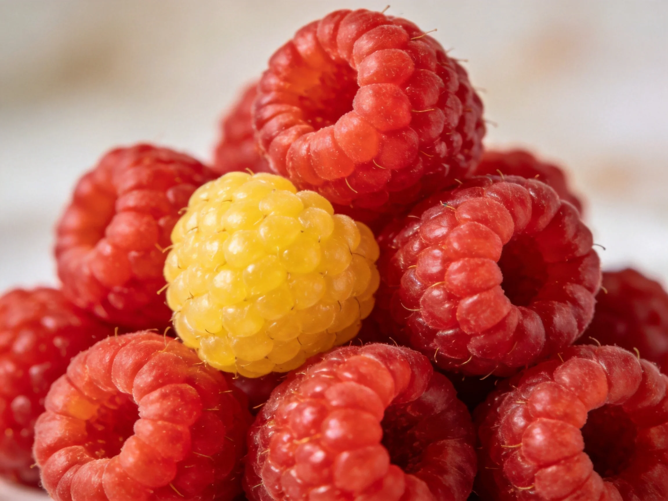 A cluster of raspberries with one bright yellow raspberry
