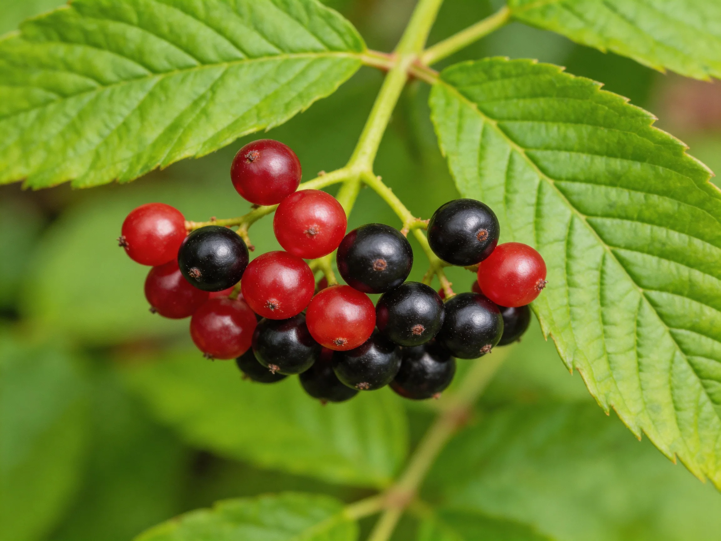 A cluster of red and black berries on a leafy branch