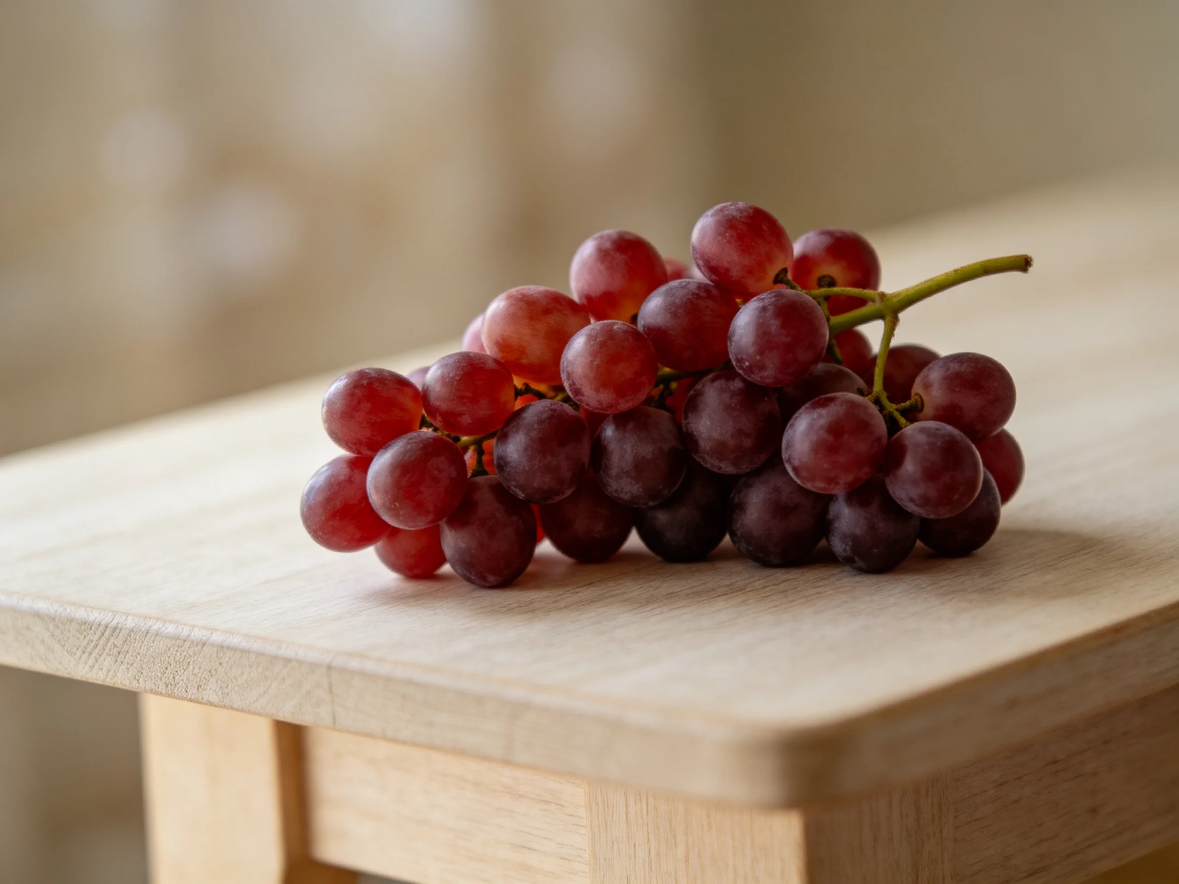 A cluster of red and dark purple grapes sits atop a light wooden surface