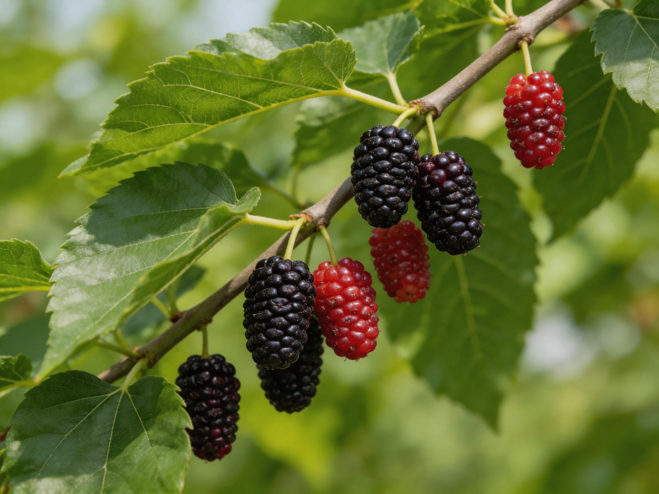 A cluster of red and dark purple mulberries hangs from a leafy branch