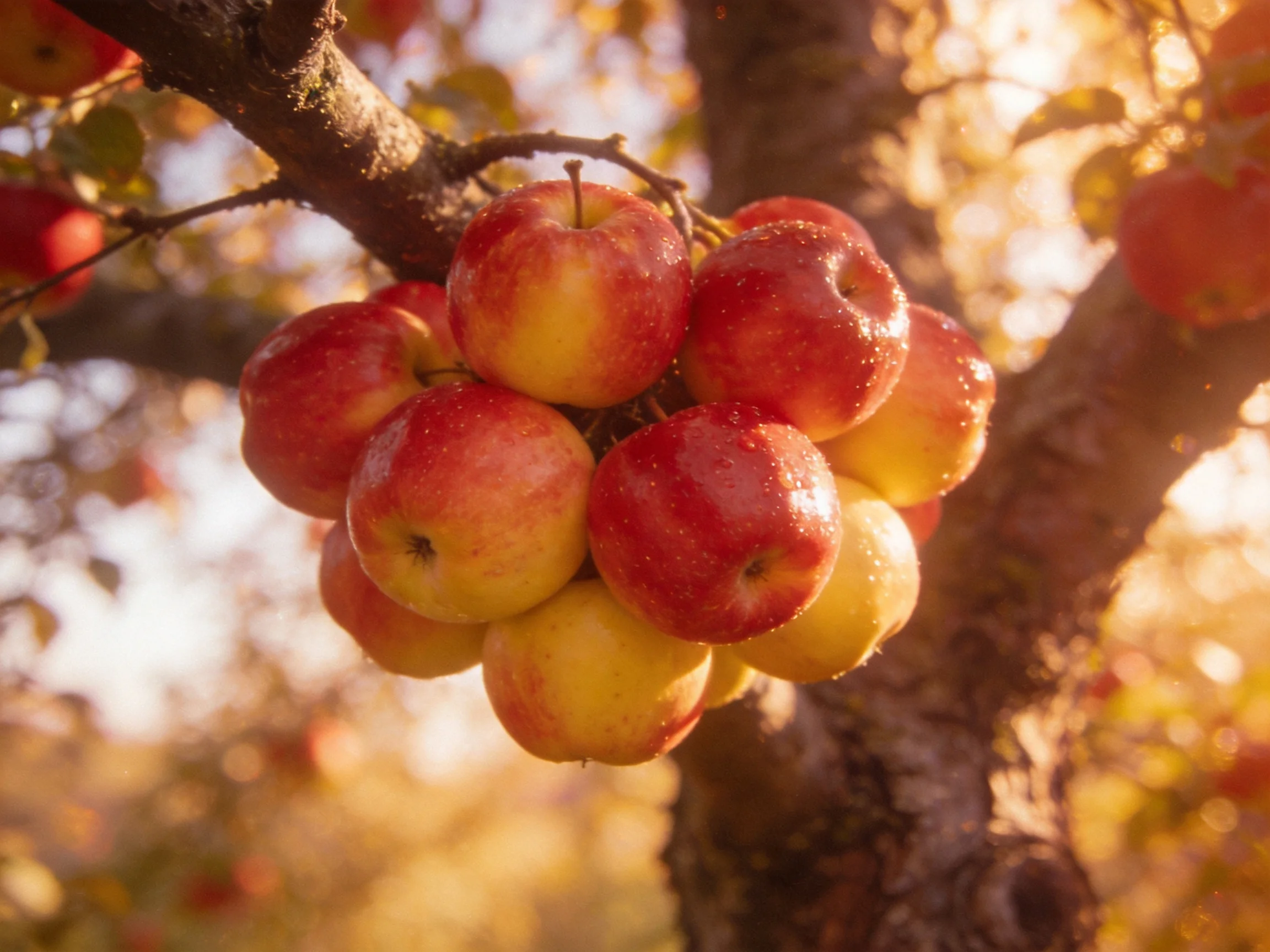 A cluster of red and golden apples hangs from a tree branch