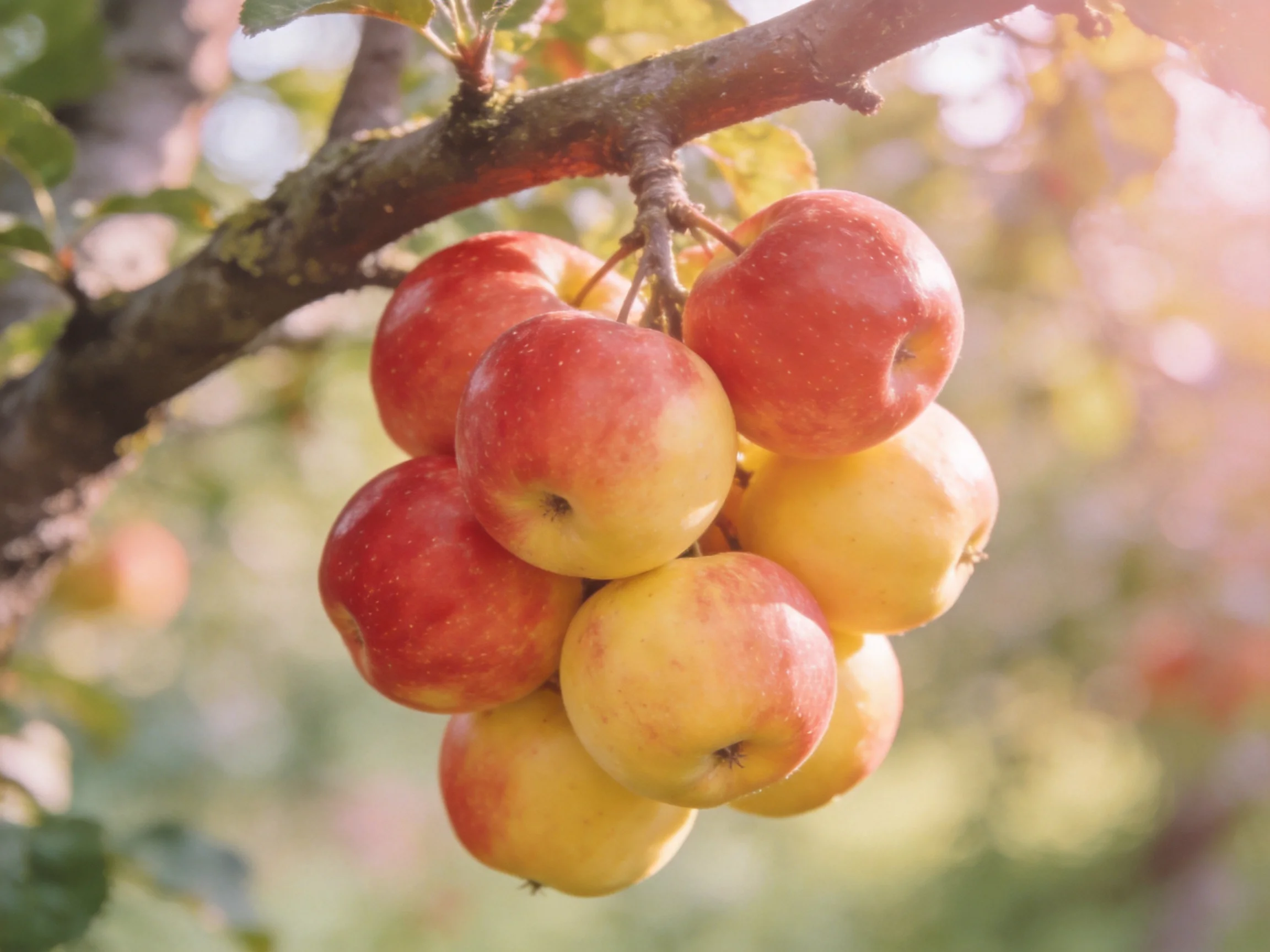 A cluster of red and golden apples hangs from a tree branch
