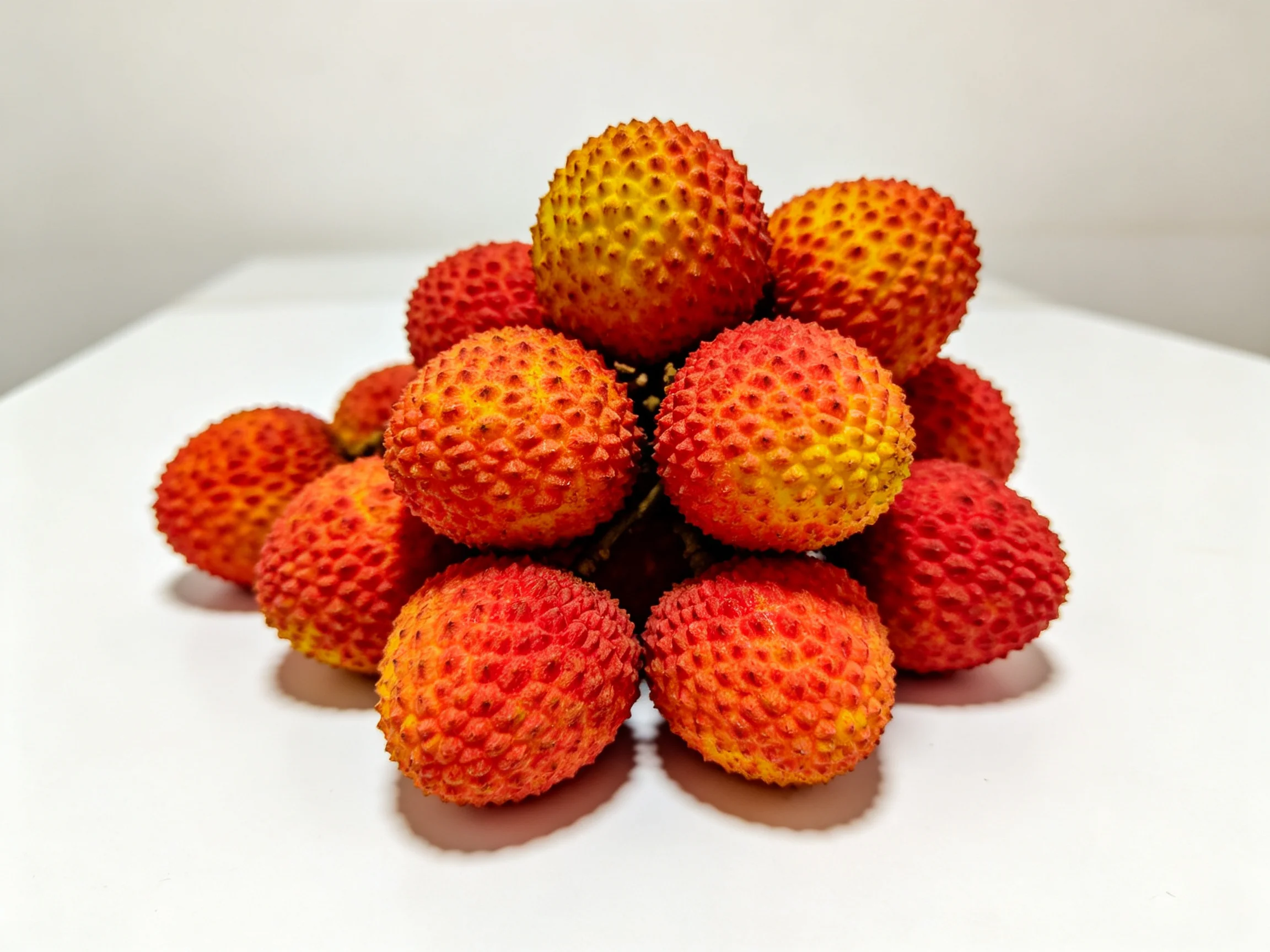 A cluster of red and golden lychees arranged in a pyramid shape