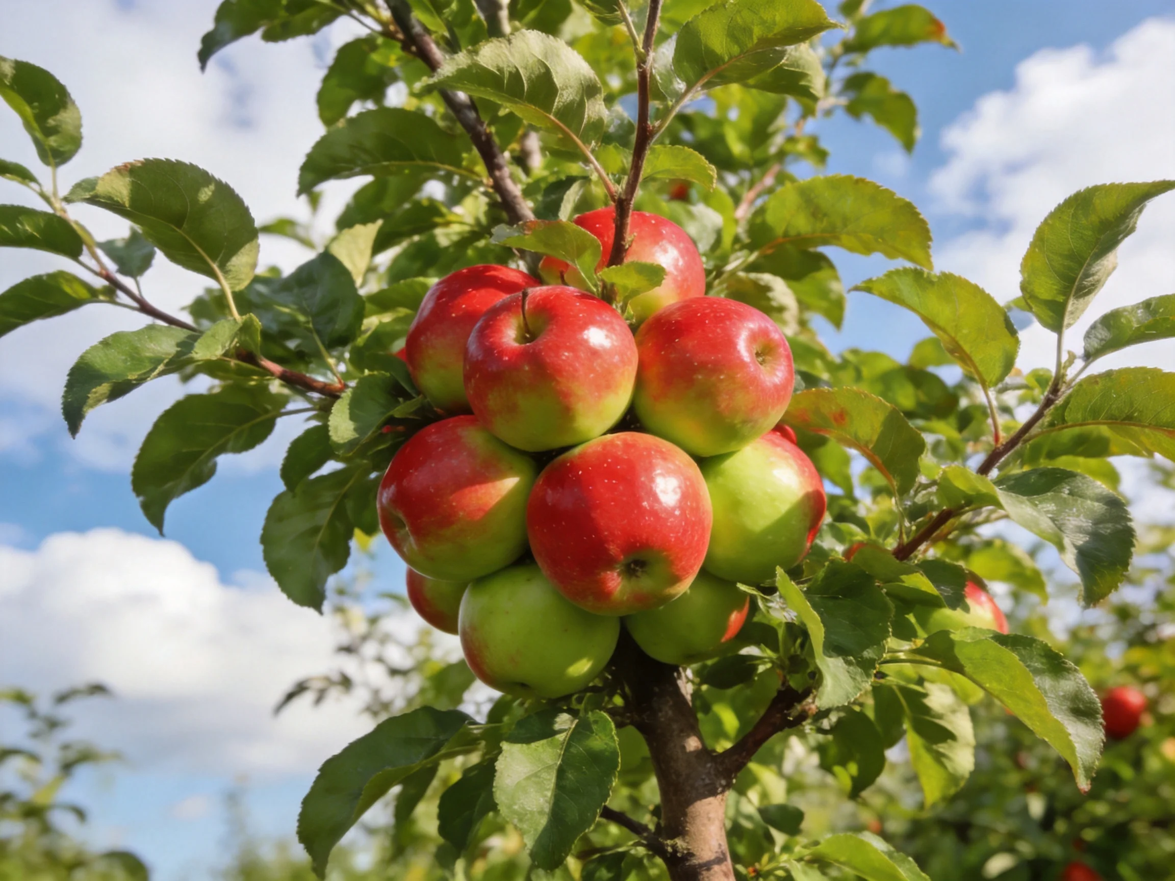 A cluster of red and green apples bountifully hangs from a tree branch