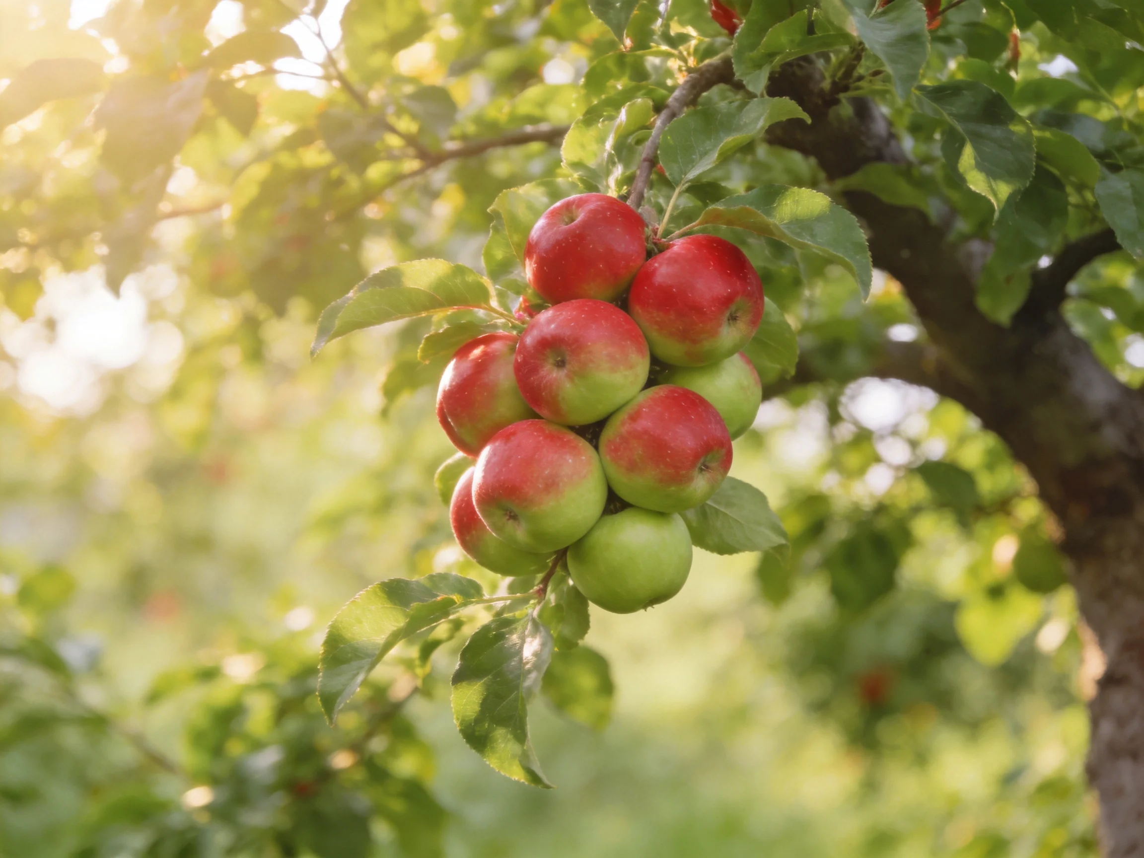 A cluster of red and green apples hangs from a sunlit apple tree
