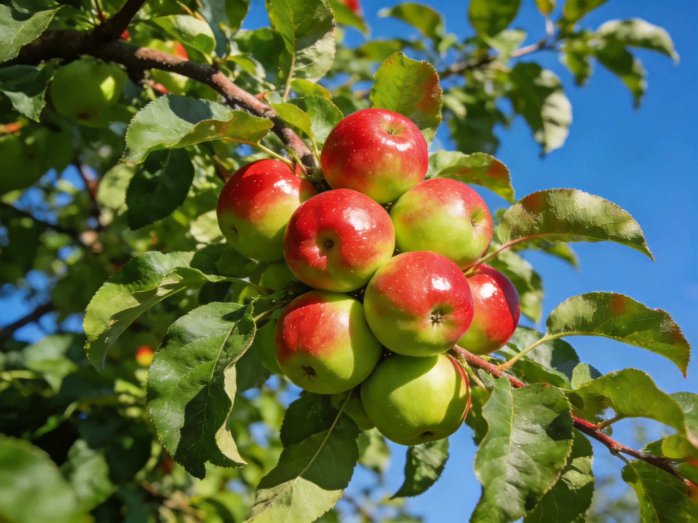 A cluster of red and green apples hangs from a tree branch