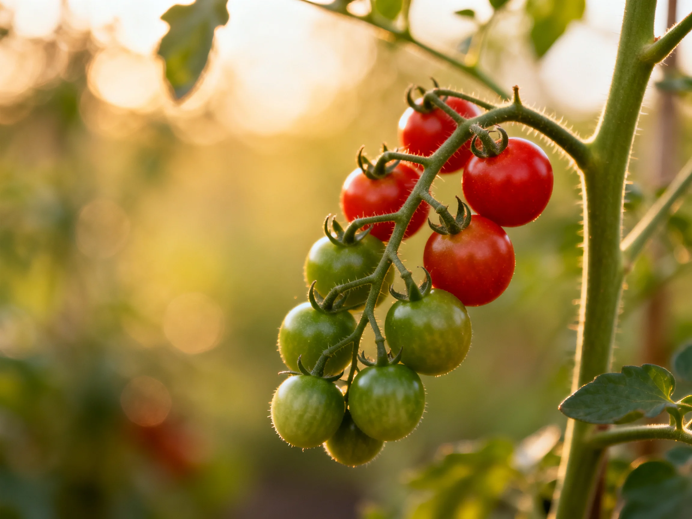 A cluster of red and green cherry tomatoes on a vine in soft sunlight