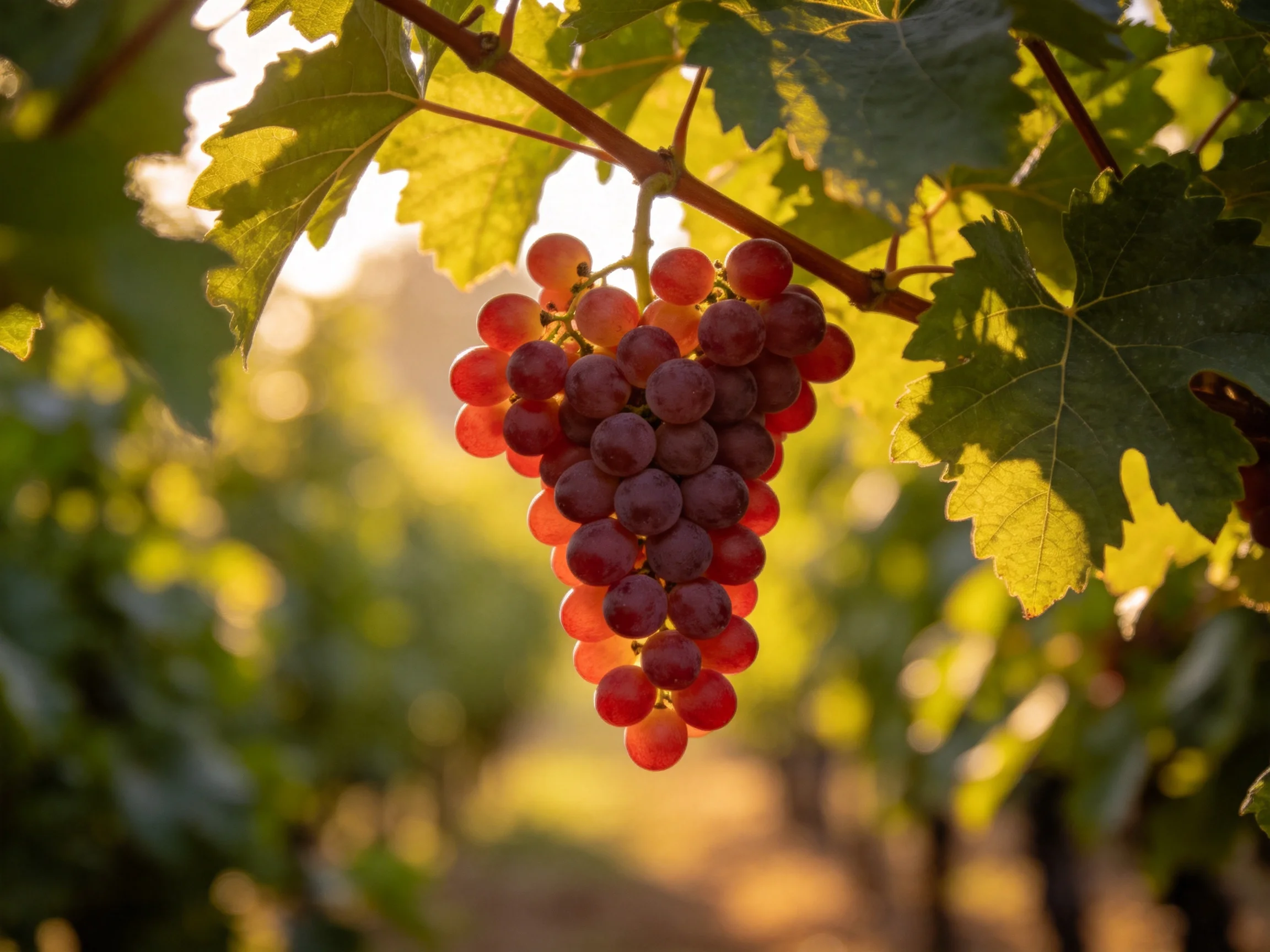 A cluster of red and purple grapes hangs from a vine in a sunlit vineyard