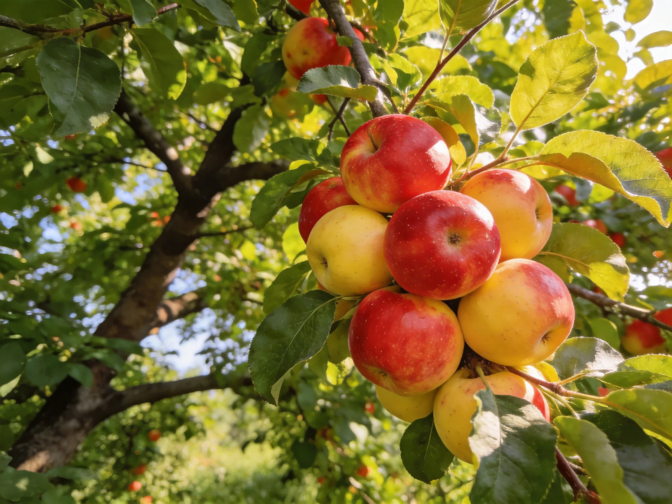 A cluster of red and yellow apples hangs from a lush apple tree.
