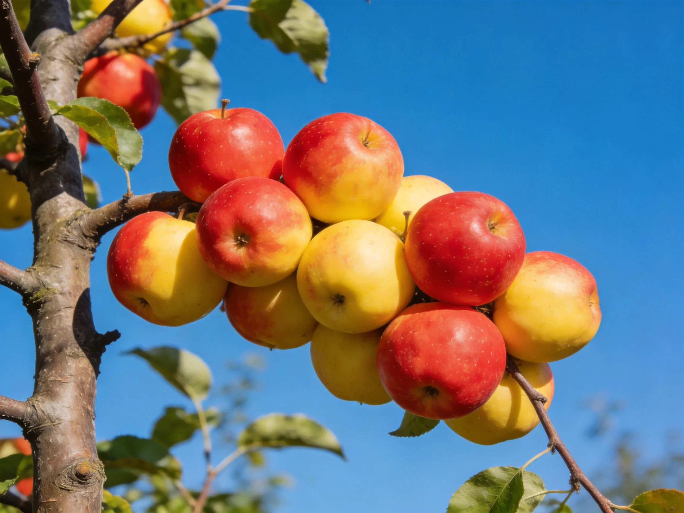 A cluster of red and yellow apples hangs from a tree branch under clear blue sky