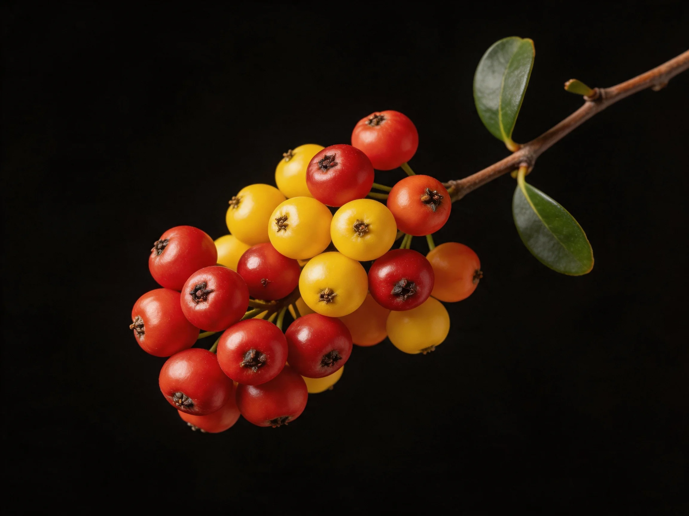 A cluster of red and yellow berries attached to a branch with green leaves