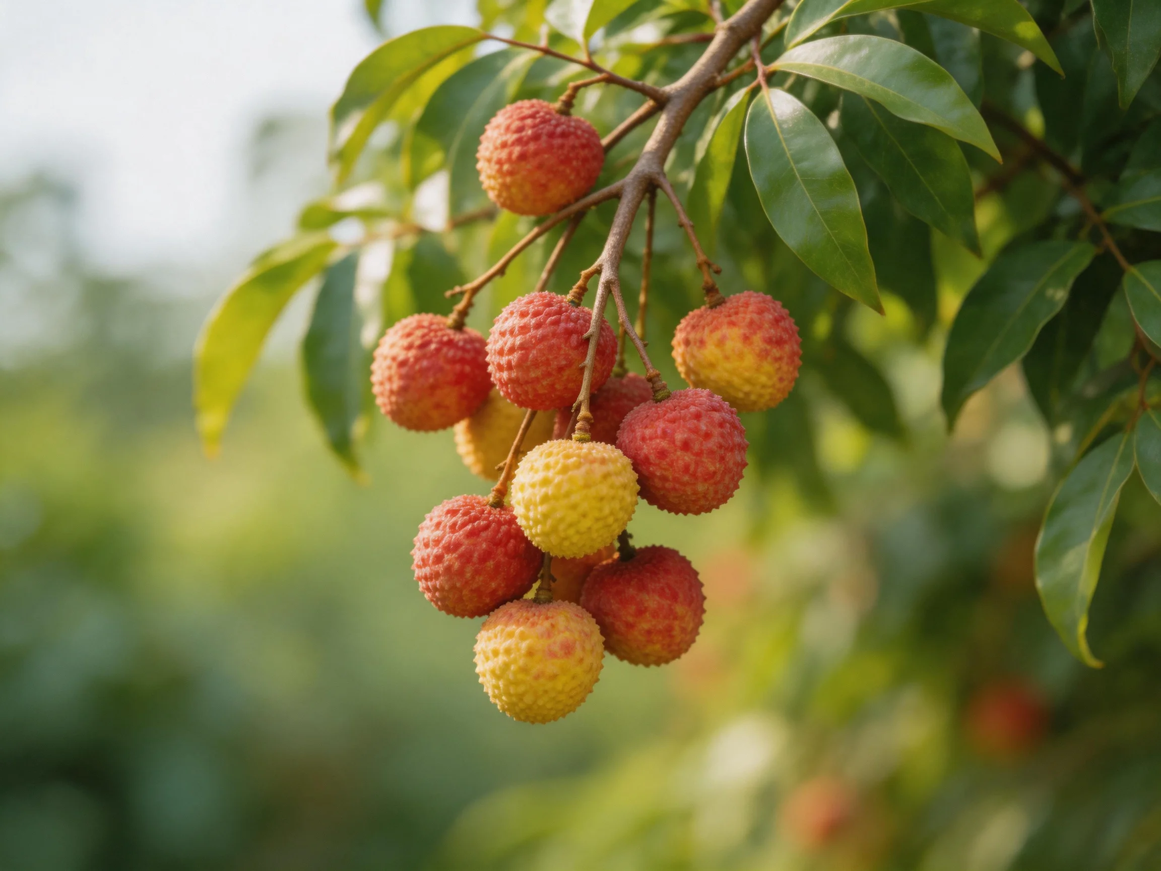 A cluster of red and yellow lychees hangs from a tree branch