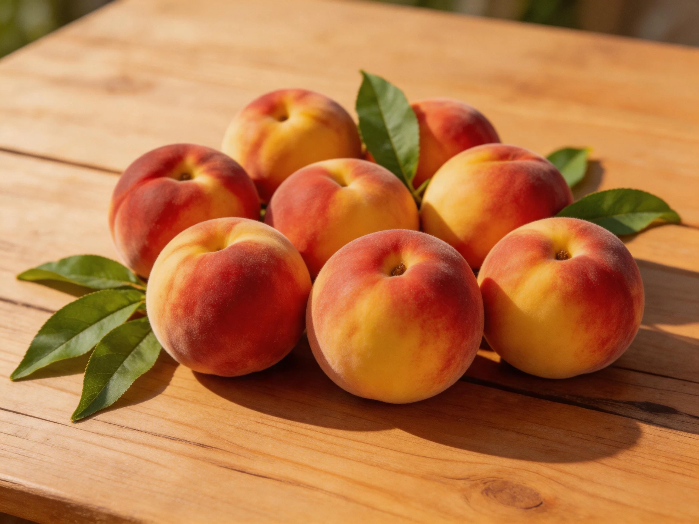 A cluster of red and yellow peaches rests on a wooden table with green leaves