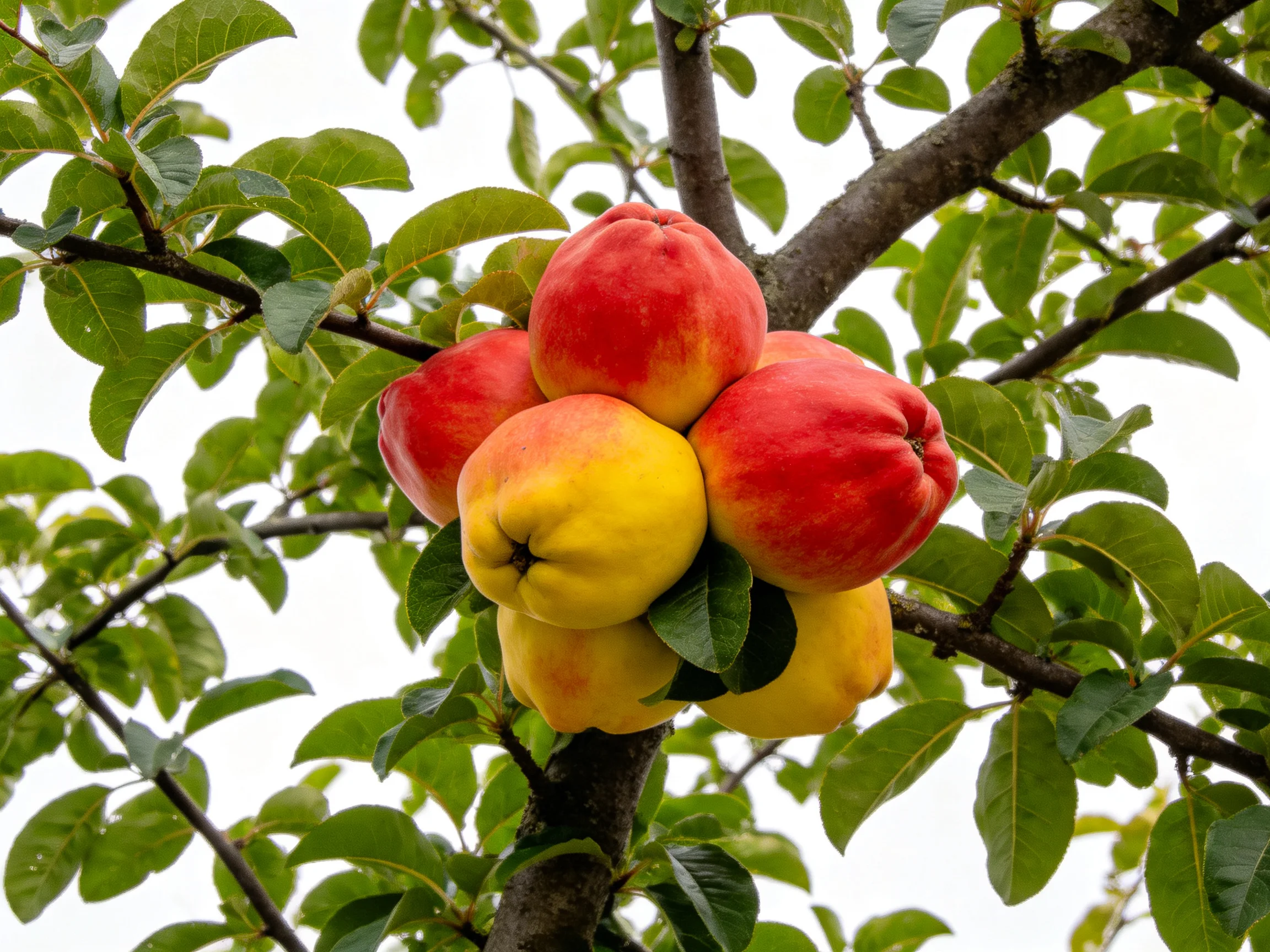 A cluster of red andyellow quince fruits on a leafy tree