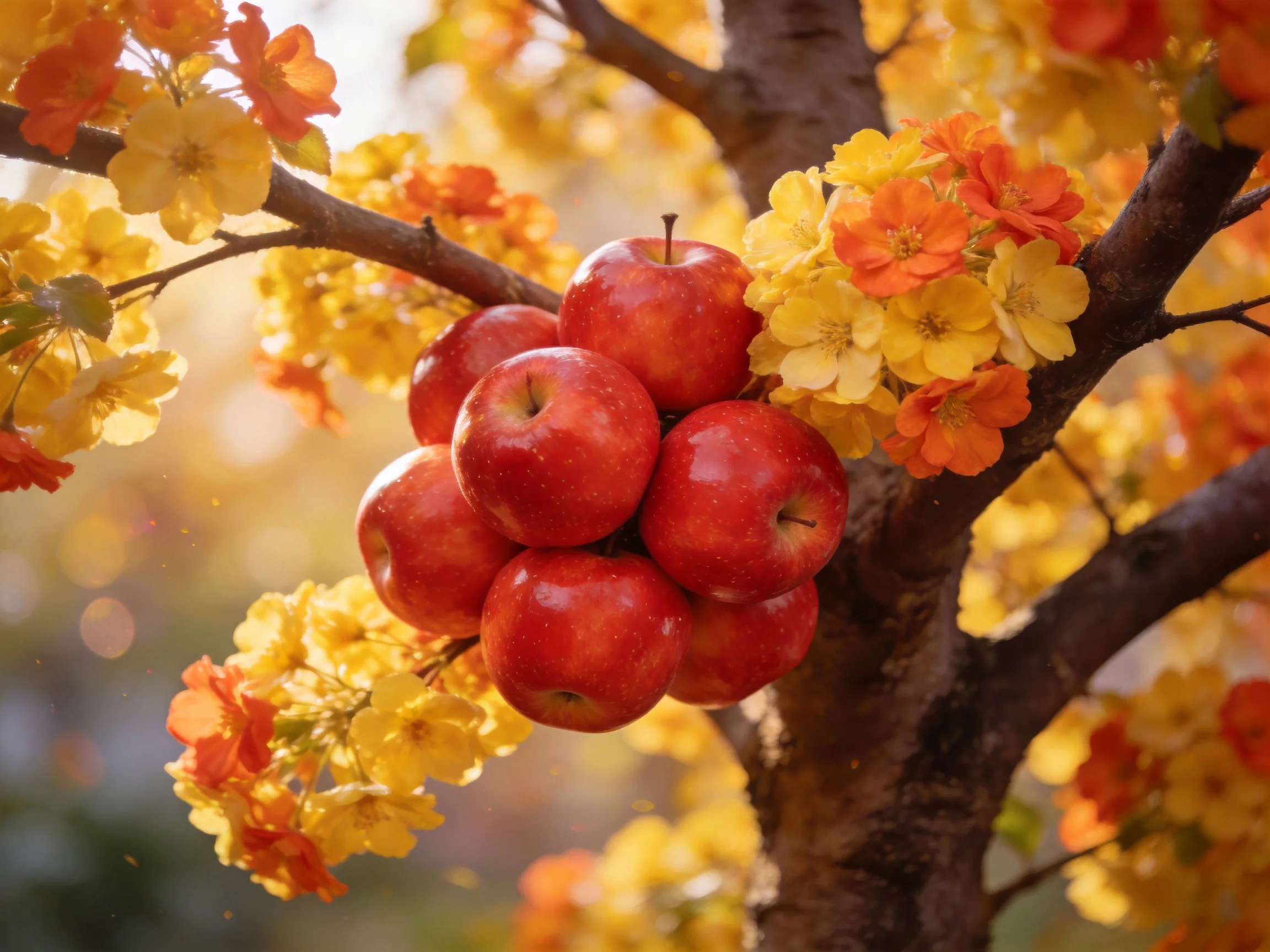 A cluster of red apples amid vibrant orange-yellow blossoms on a tree
