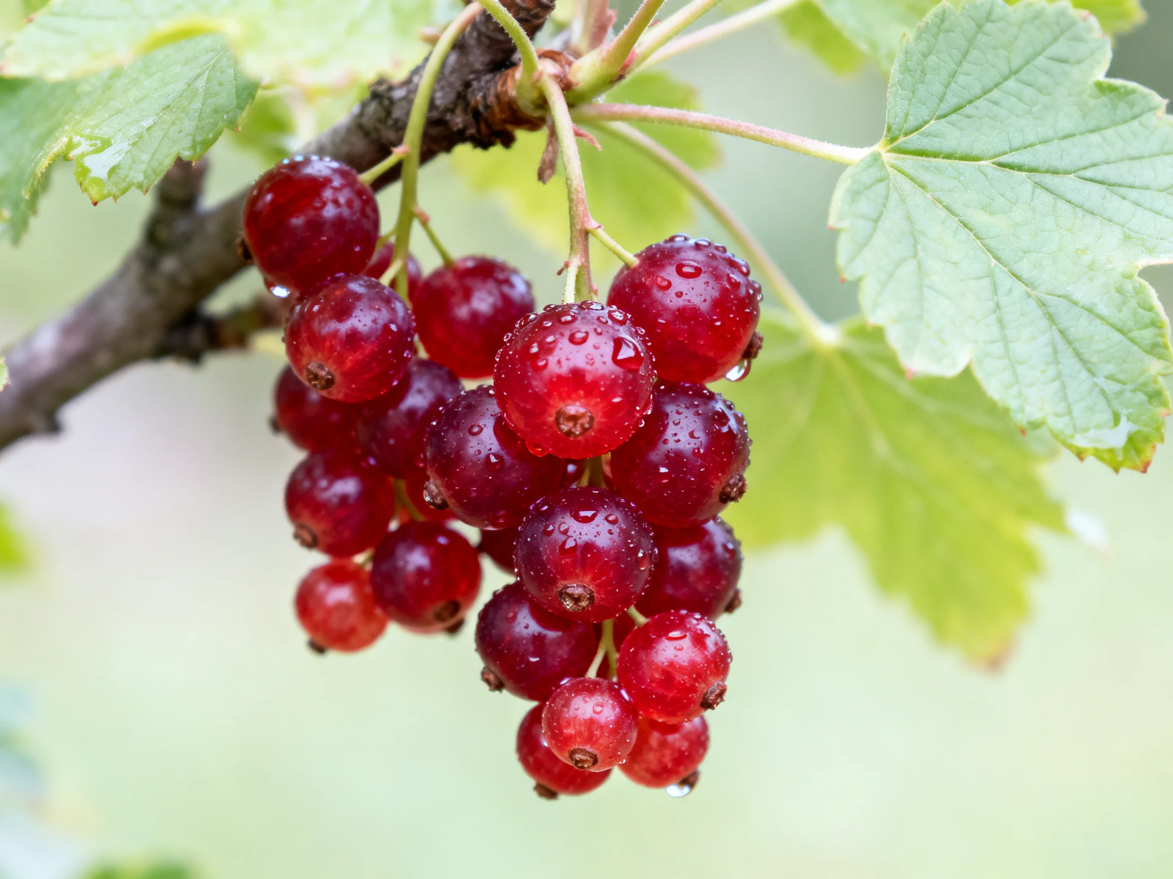 A cluster of red berries with dew drops on a leafy branch