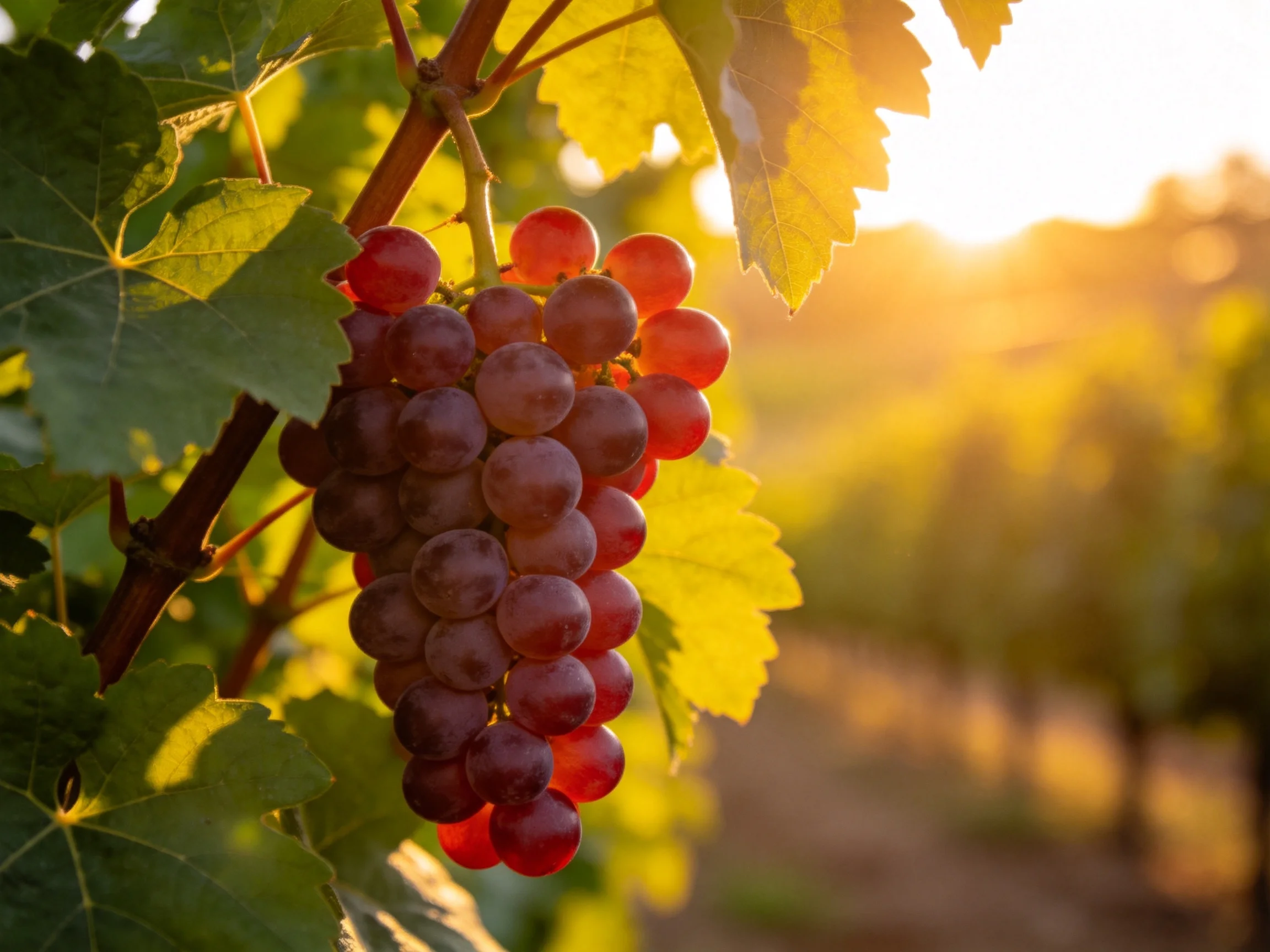 A cluster of red-purple grapes hangs from a vine amid golden sunlight