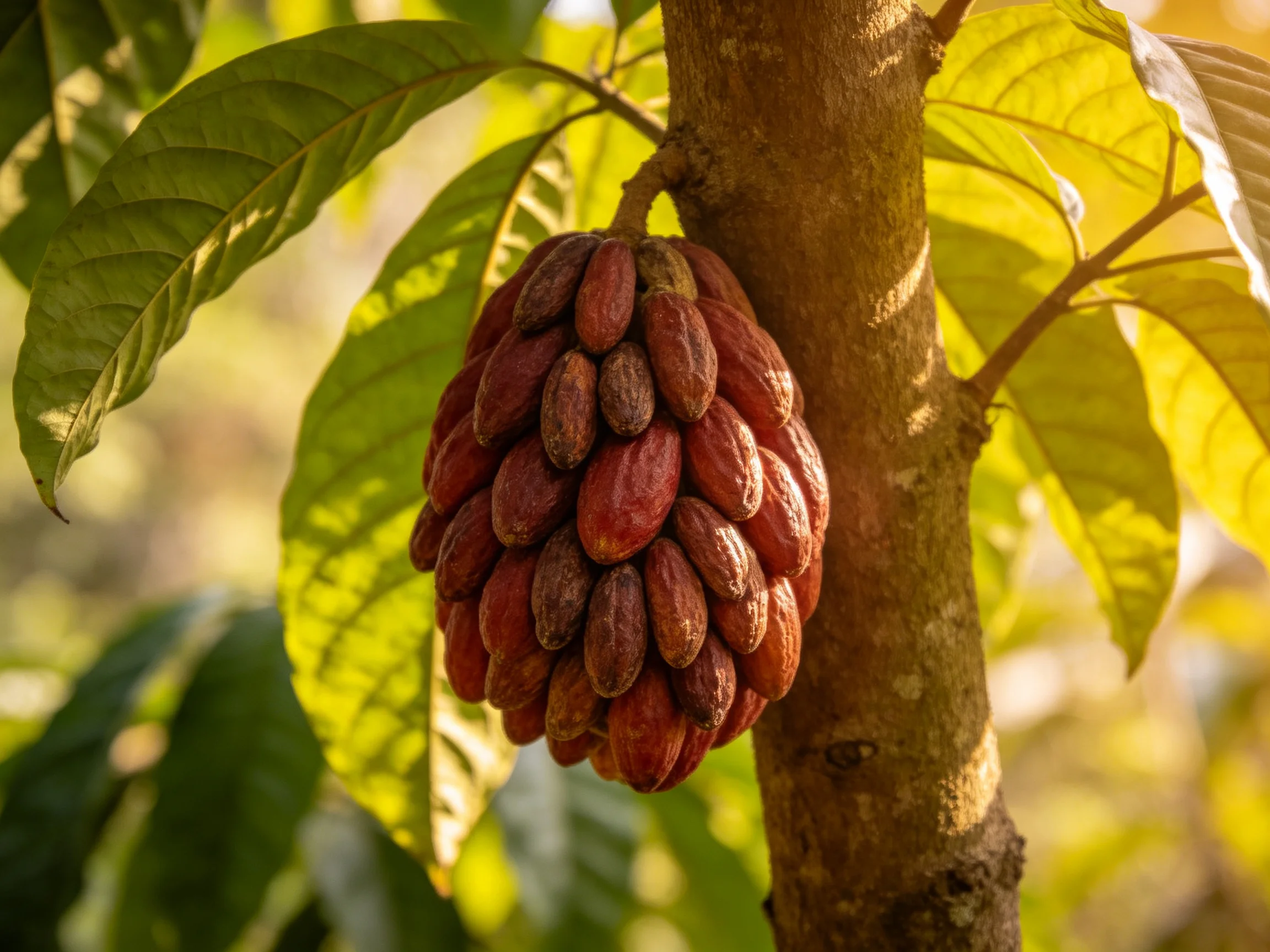 A cluster of reddish-brown cacao pods hangs from a tree trunk