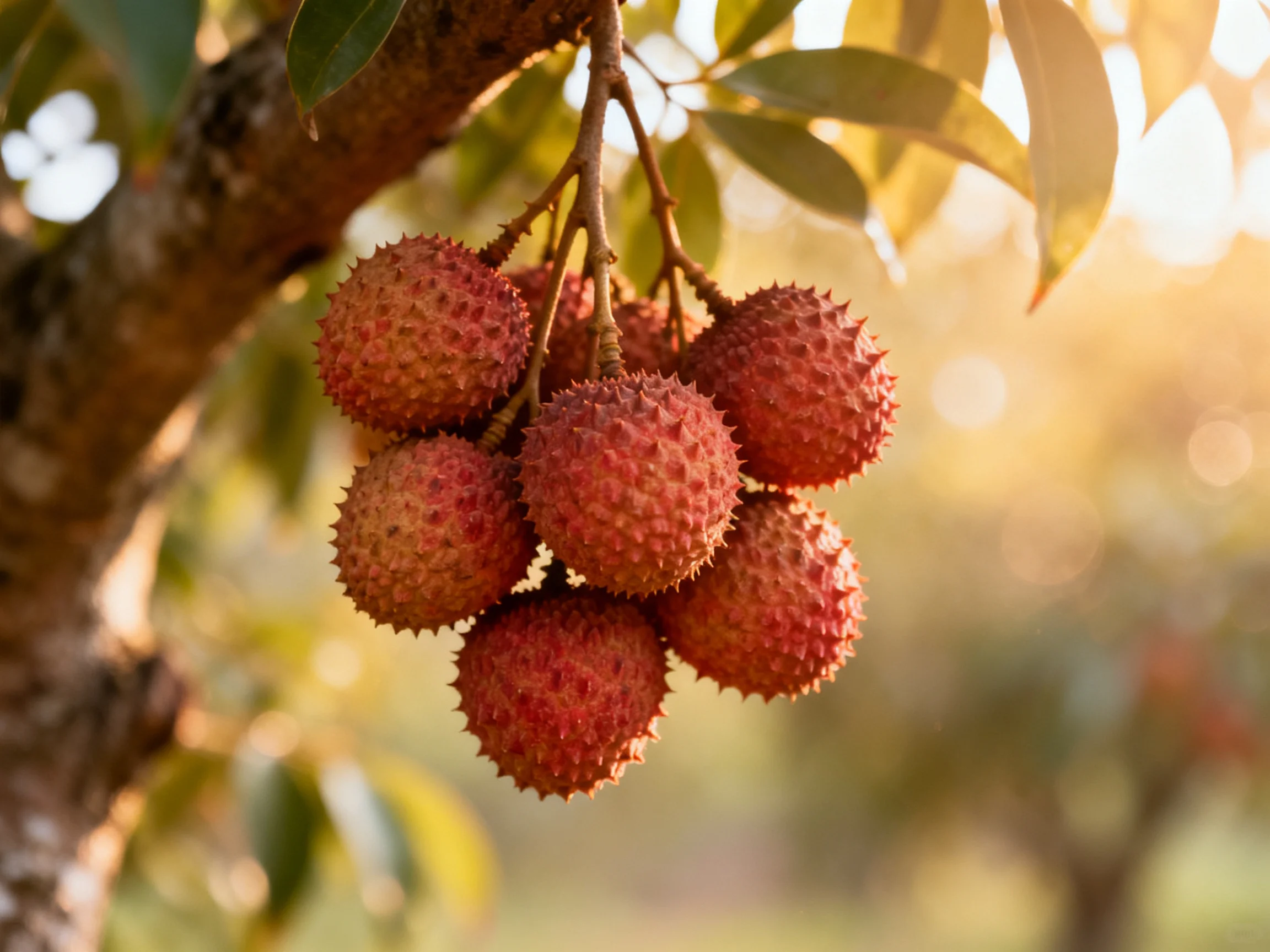 A cluster of reddish spiky lychees hangs from a tree branch