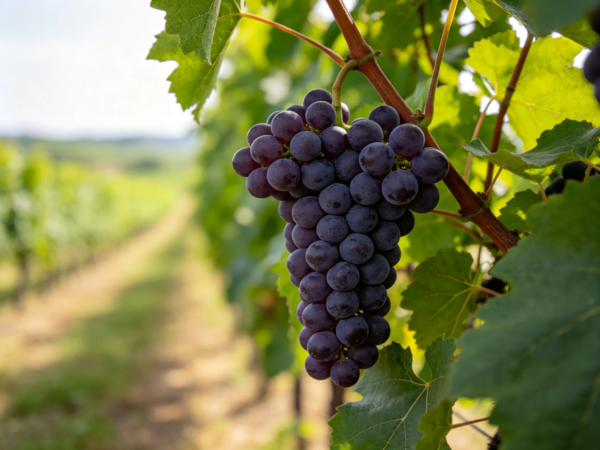 A cluster of rich purple grapes hangs from a vine in a sun-drenched vineyard