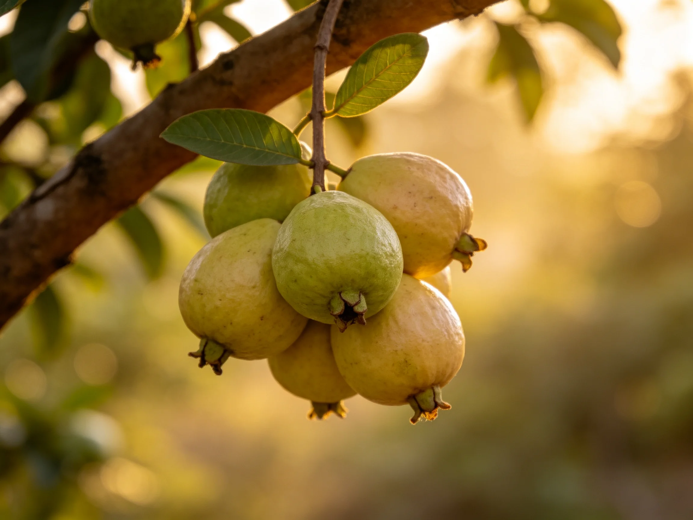 A cluster of ripe and unripe guavas hangs from a tree branch in golden light