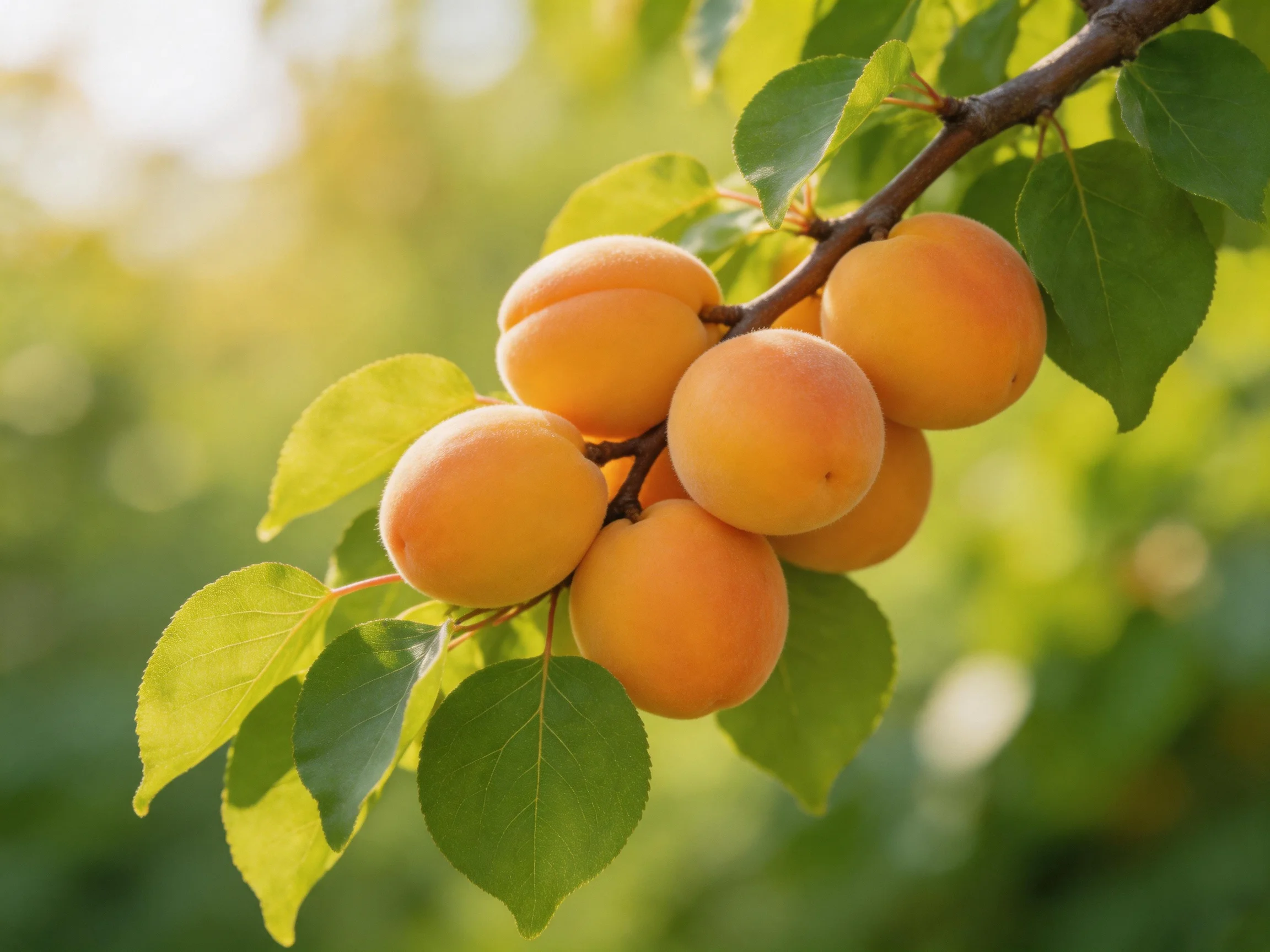 A cluster of ripe apricots grows on a branch with lush green leaves