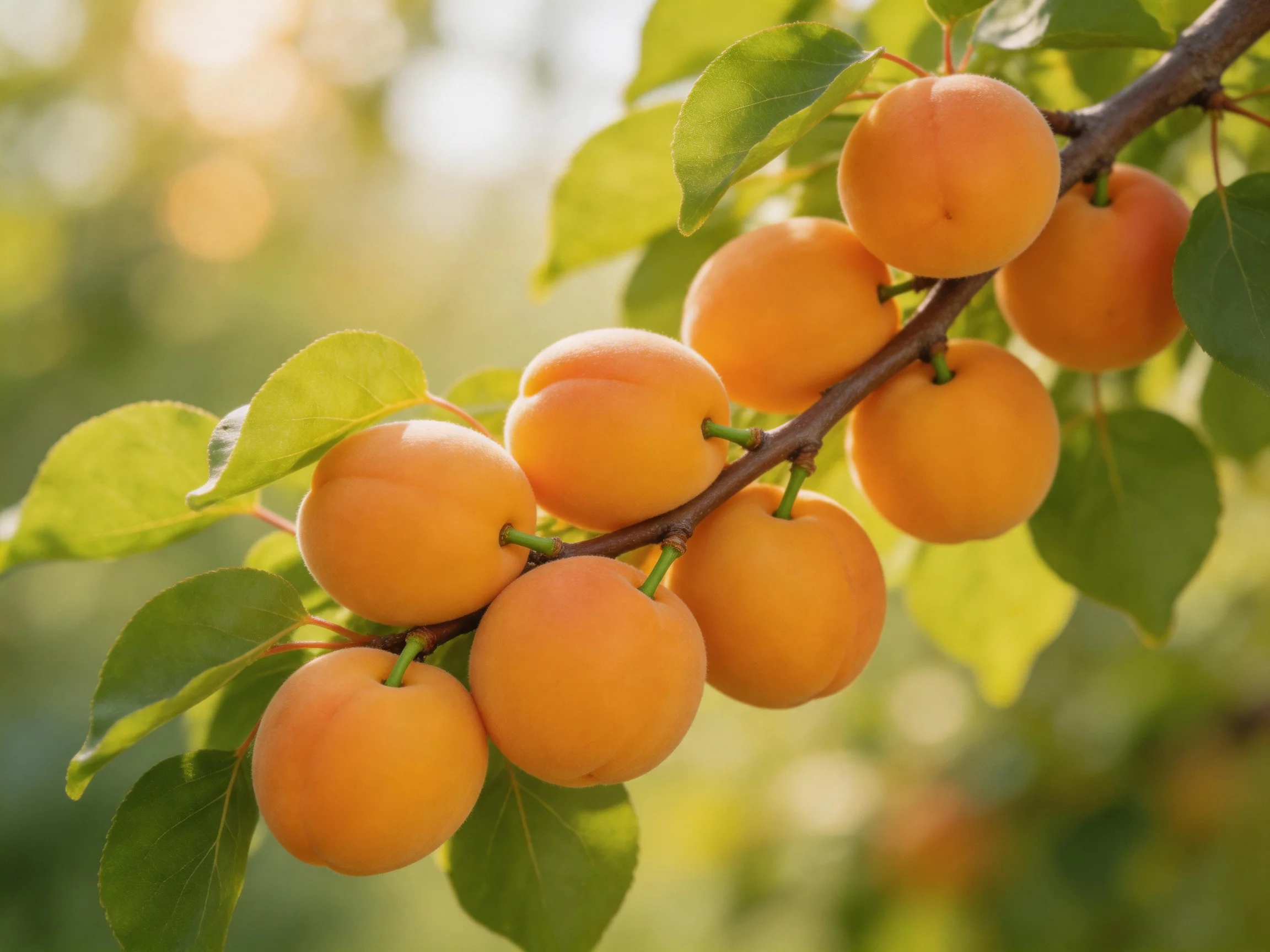 A cluster of ripe apricots hangs from a tree branch with lush green leaves