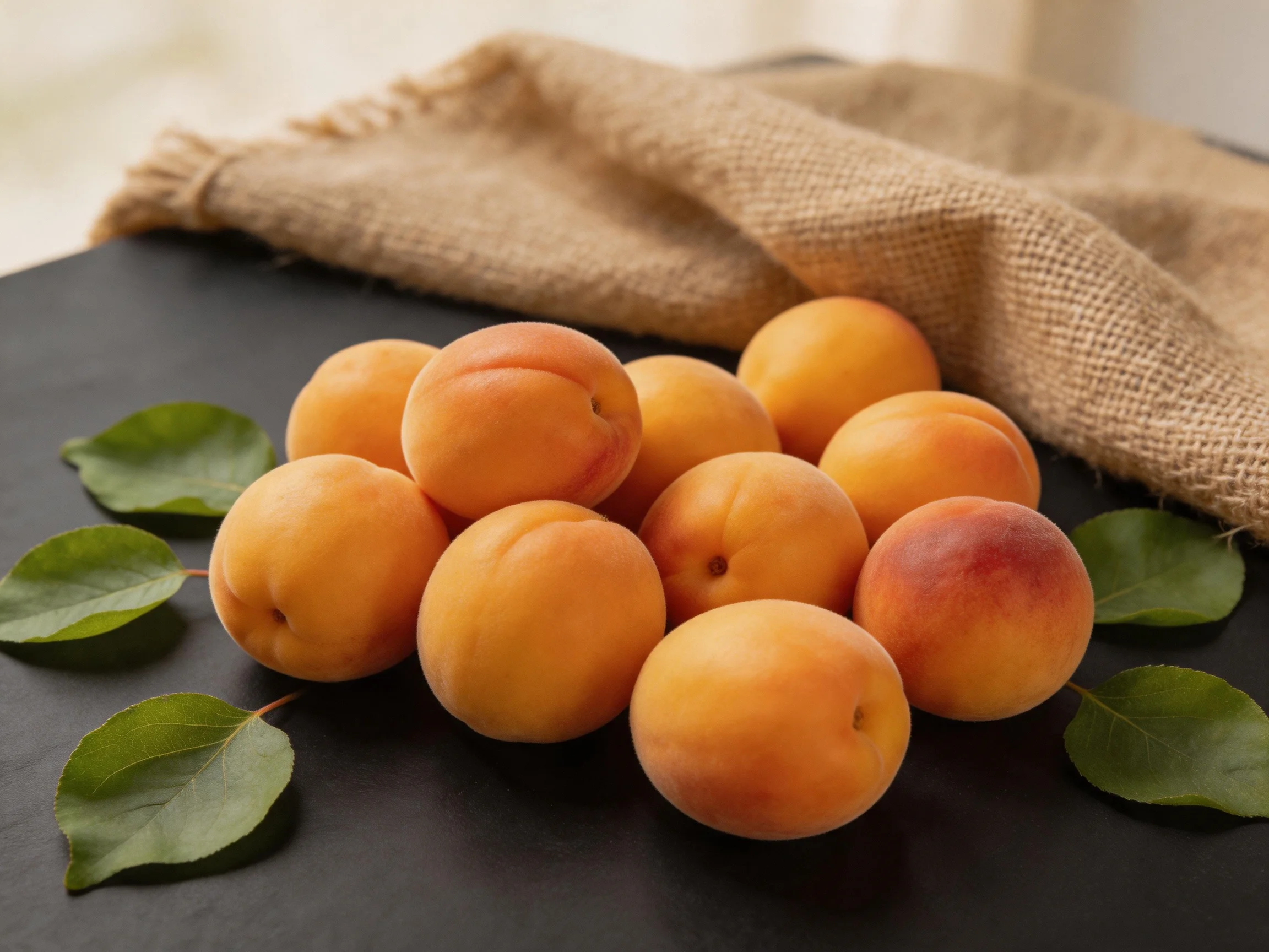 A cluster of ripe apricots with green leaves and burlap cloth