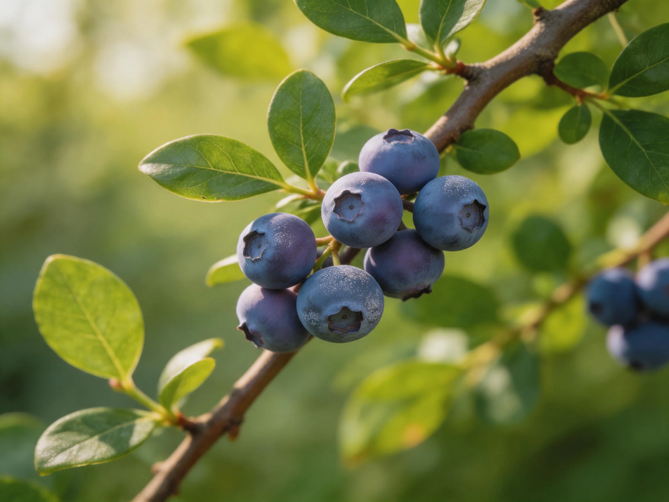 A cluster of ripe blueberries grows on a branch with glossy green leaves