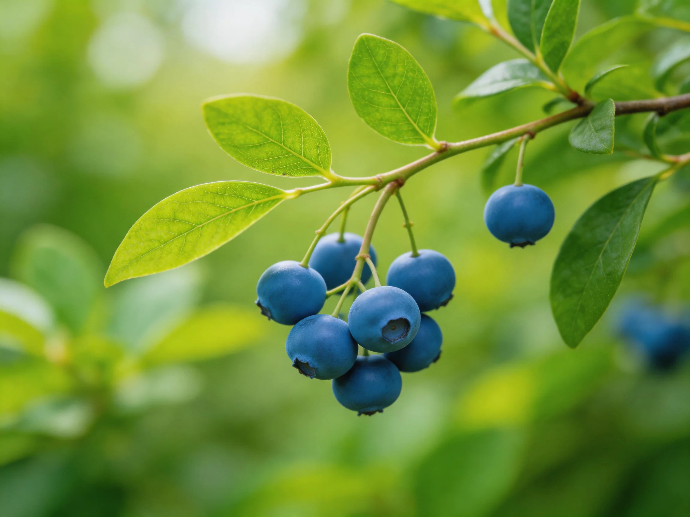 A cluster of ripe blueberries hangs from a branch with vibrant green leaves