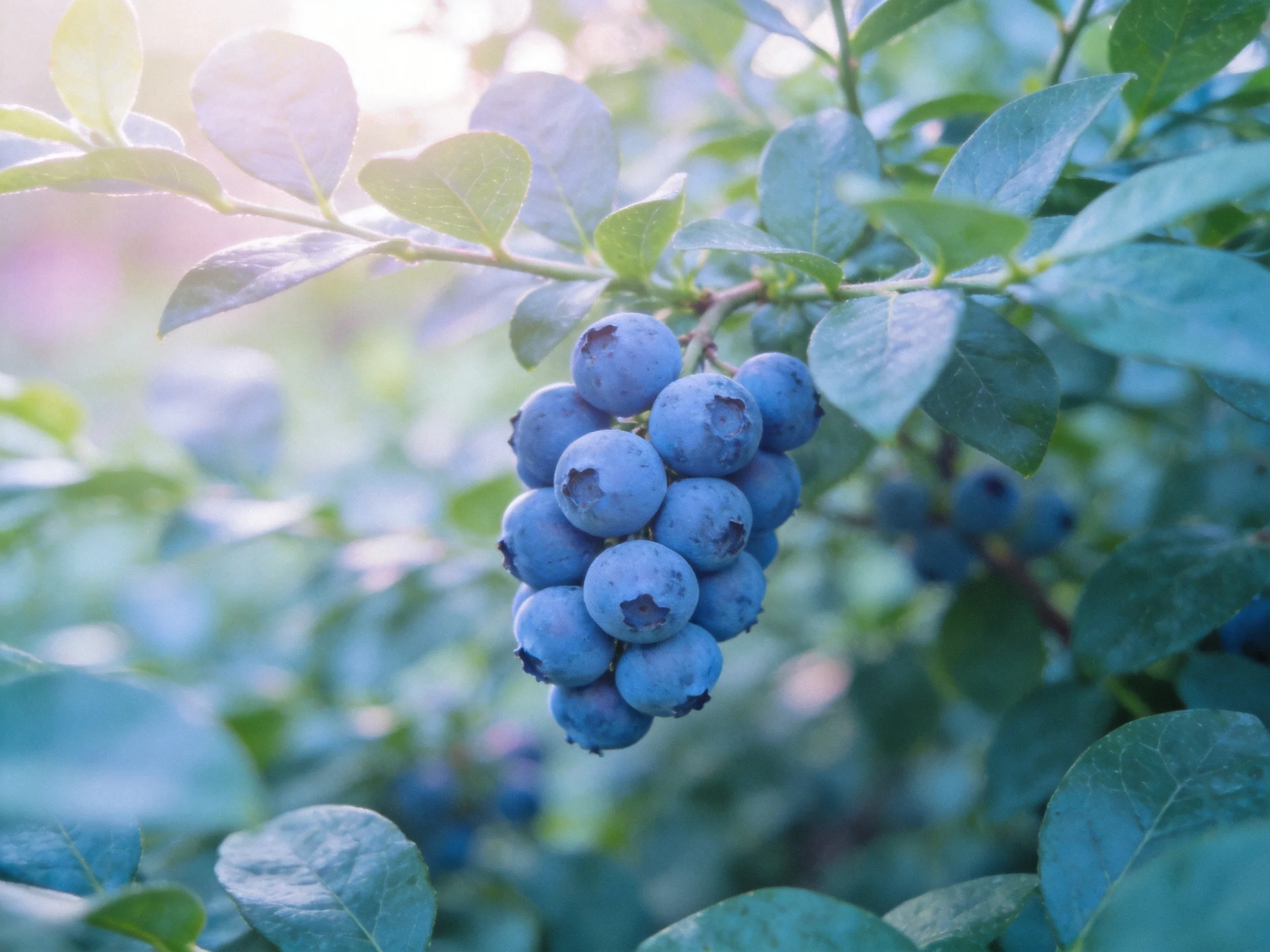 A cluster of ripe blueberries hangs from a bush with lush green foliage