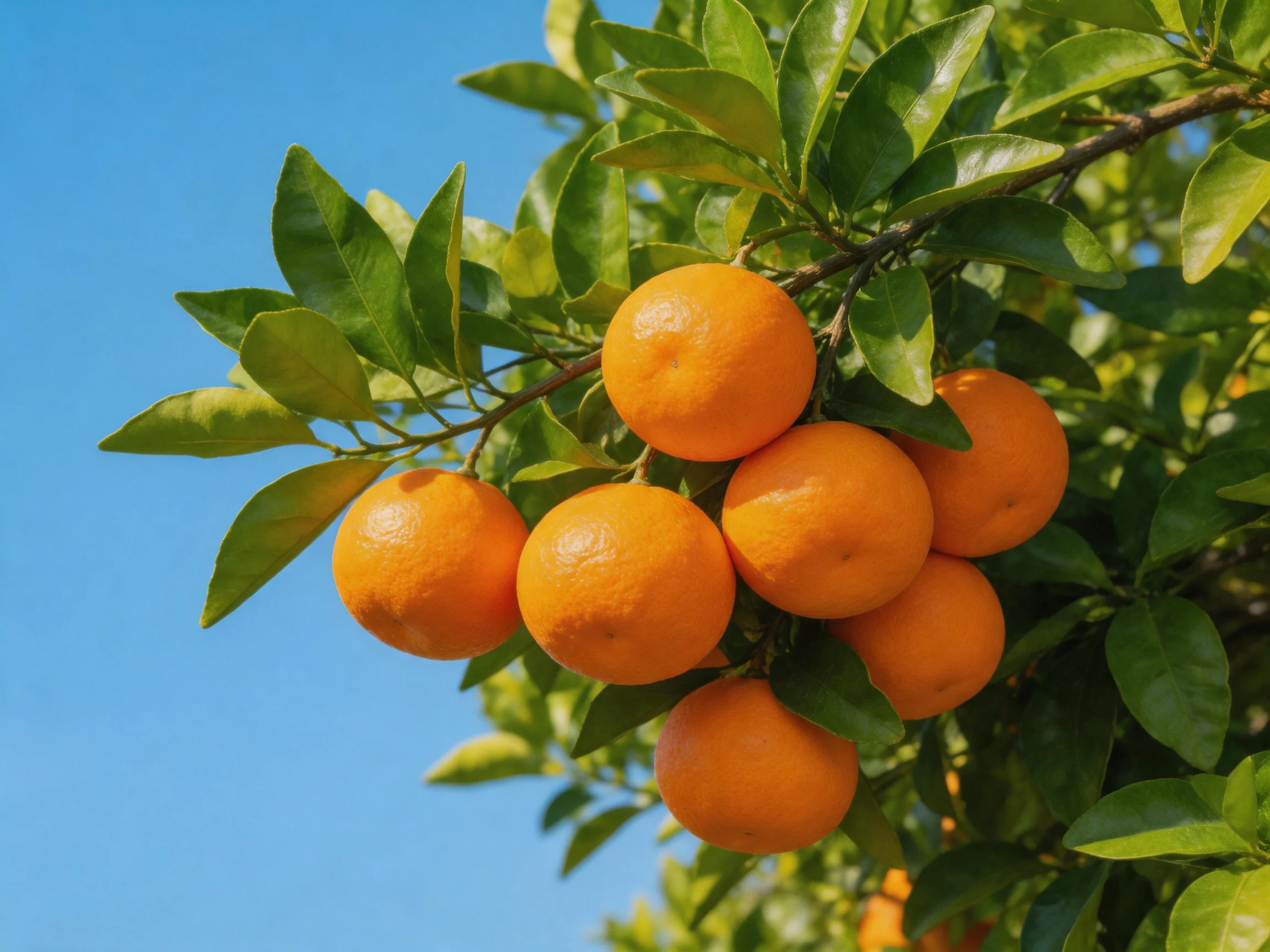 A cluster of ripe oranges grows on a leafy tree beneath a clear blue sky