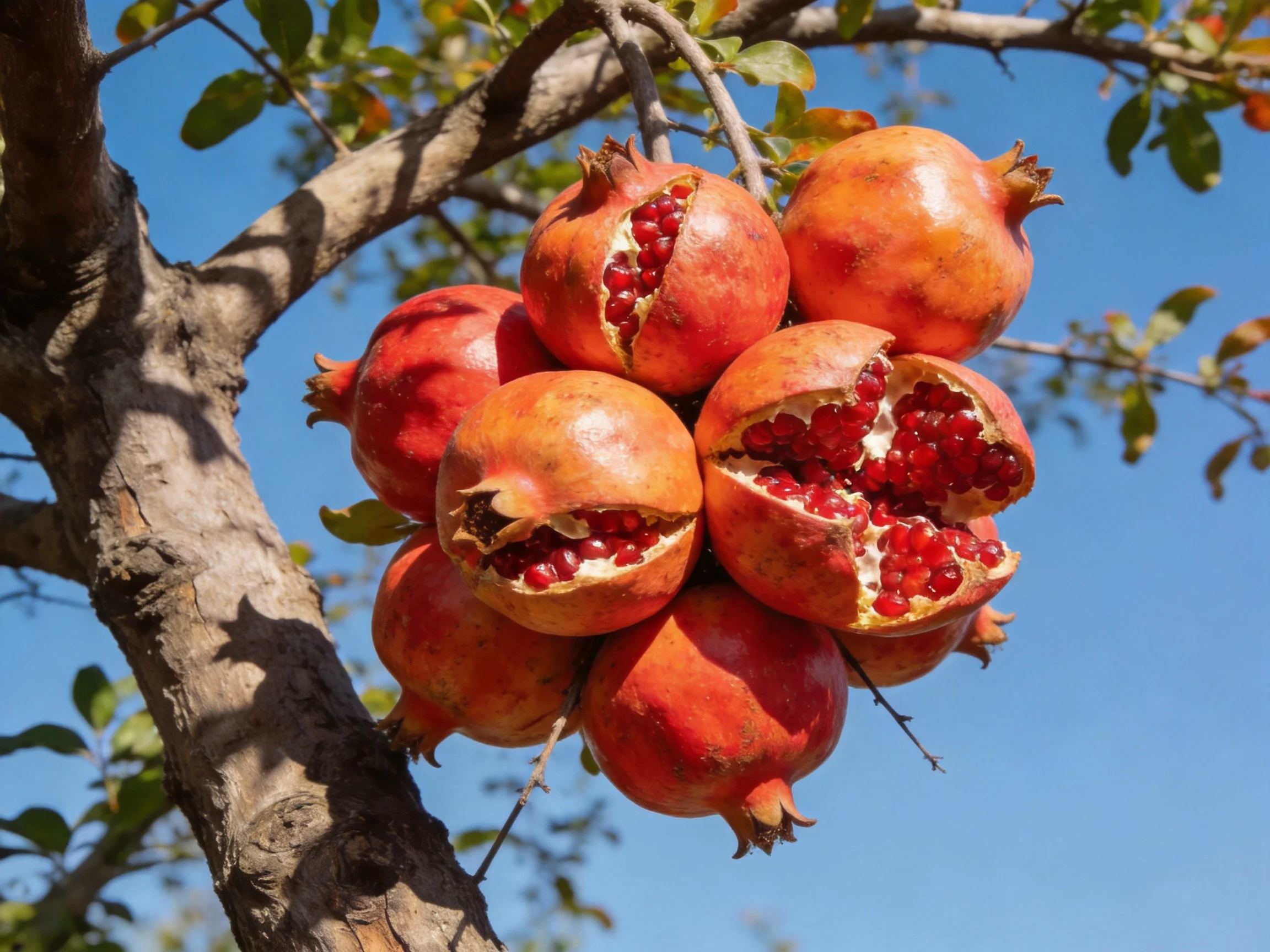 A cluster of ripe pomegranates grows on a gnarled tree branch