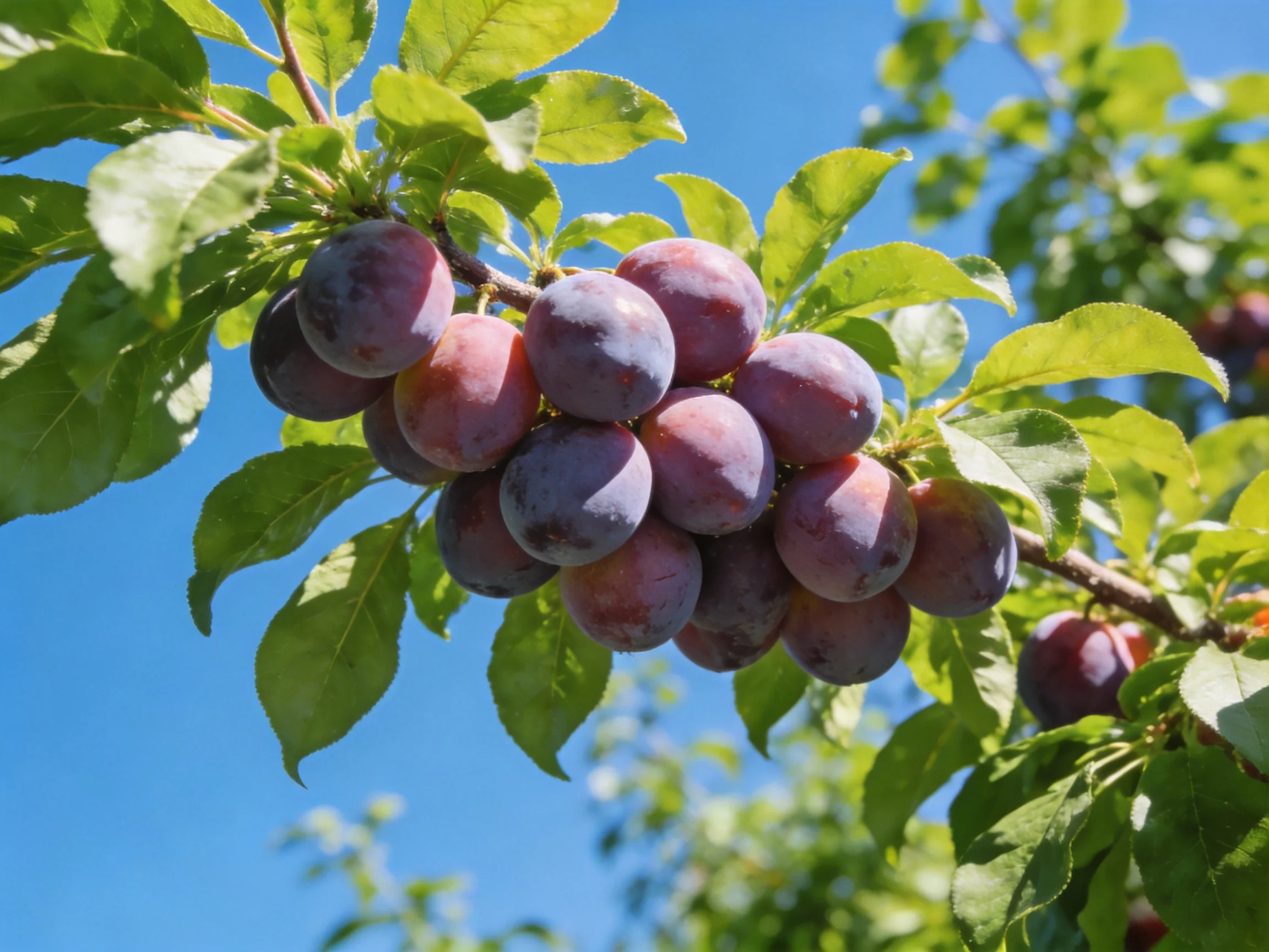 A cluster of ripe purple plums hangs from a tree branch