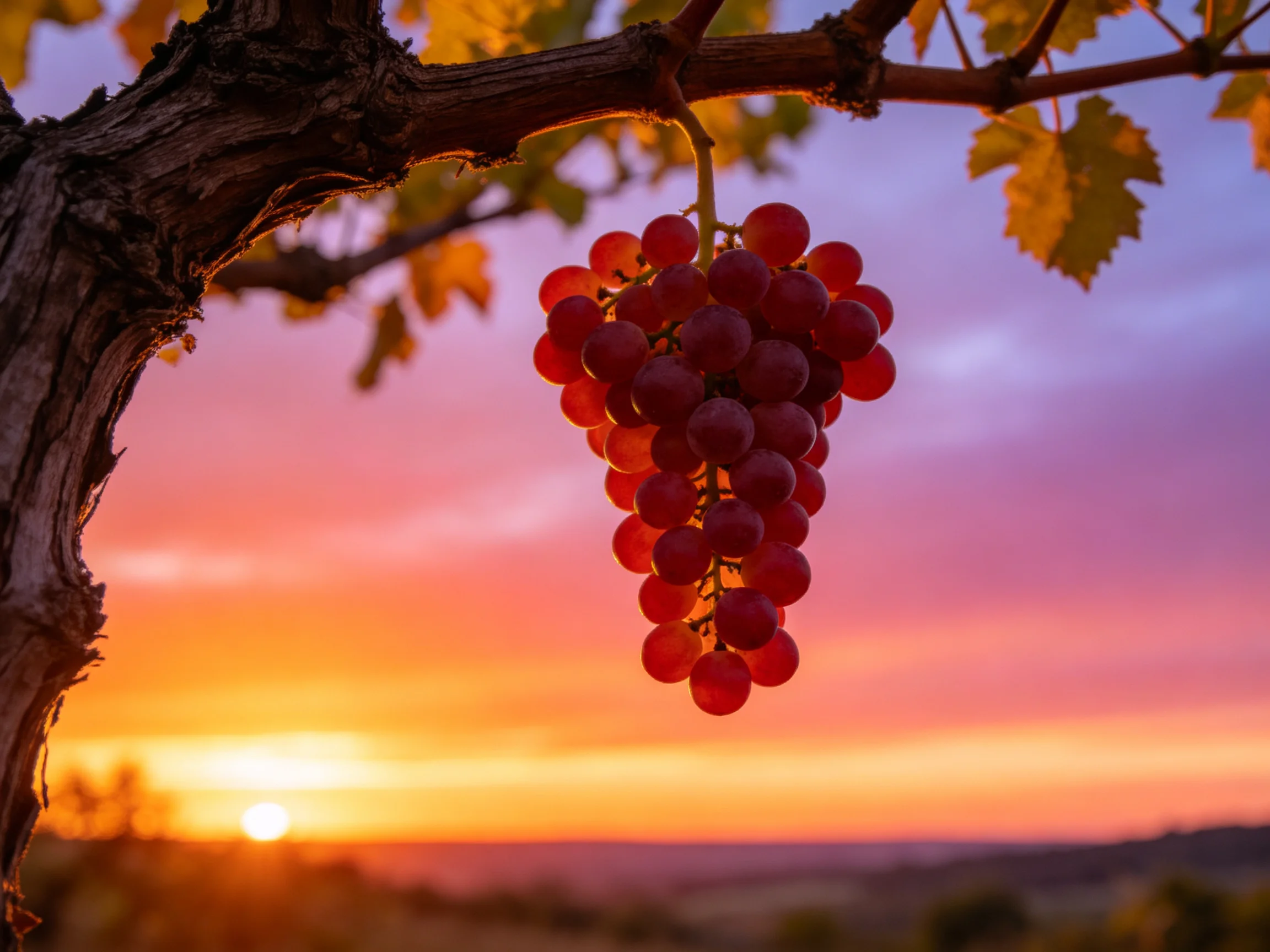 A cluster of ripe red grapes hangs from a vine under a colorful sunset sky