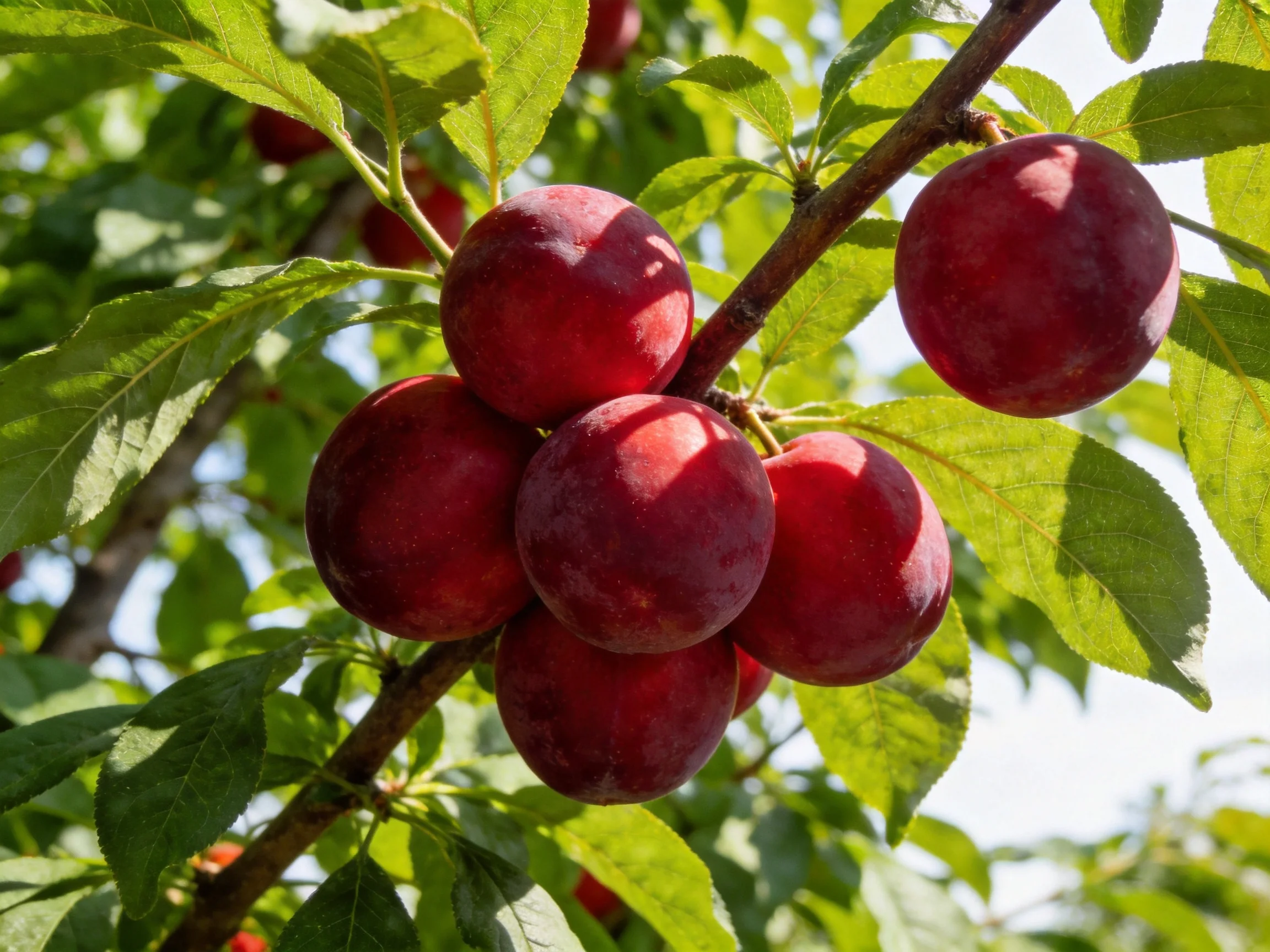 A cluster of ripe red plums grows on a tree branch with green foliage