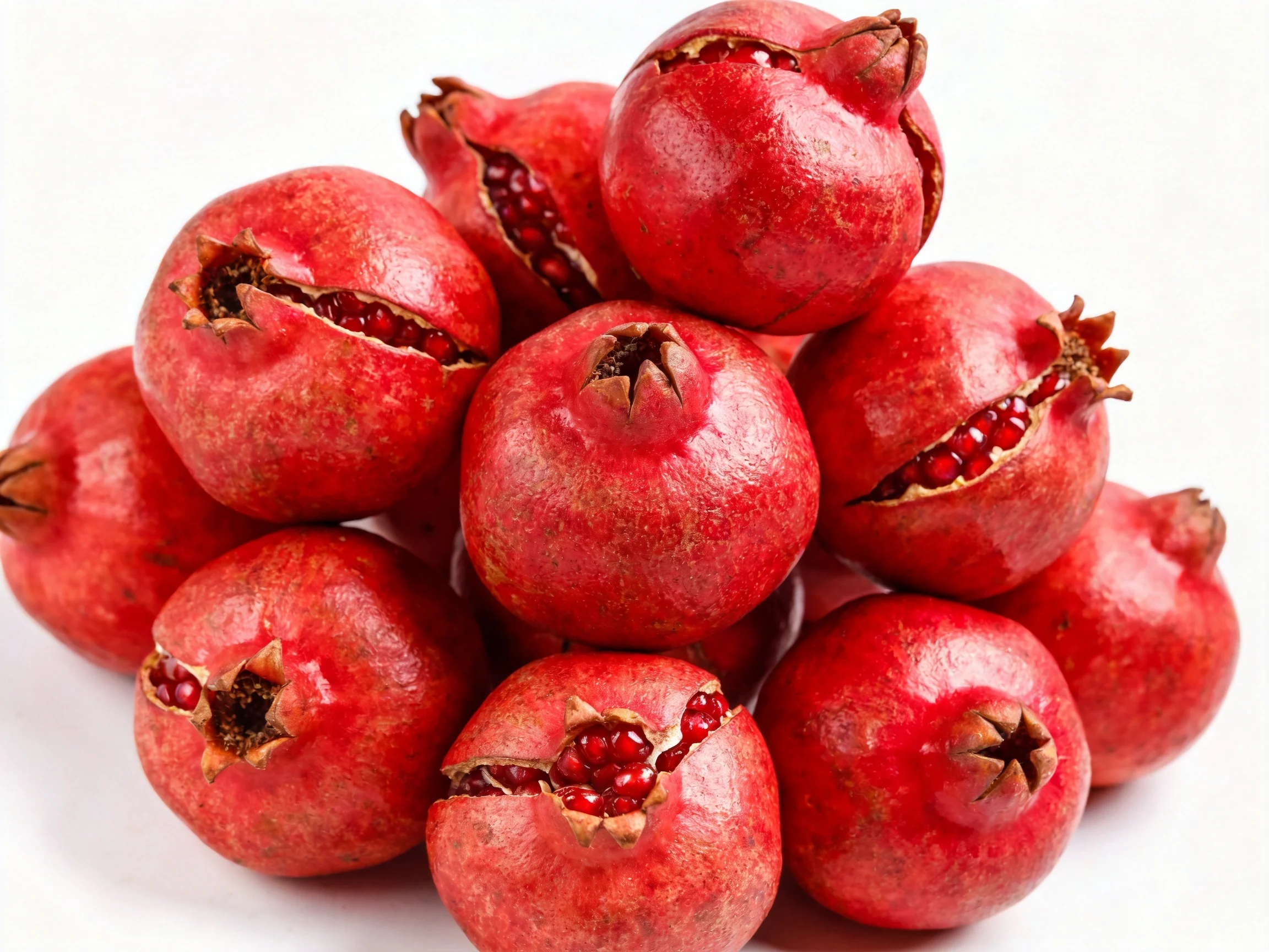 A cluster of ripe red pomegranates with open sections revealing seeds