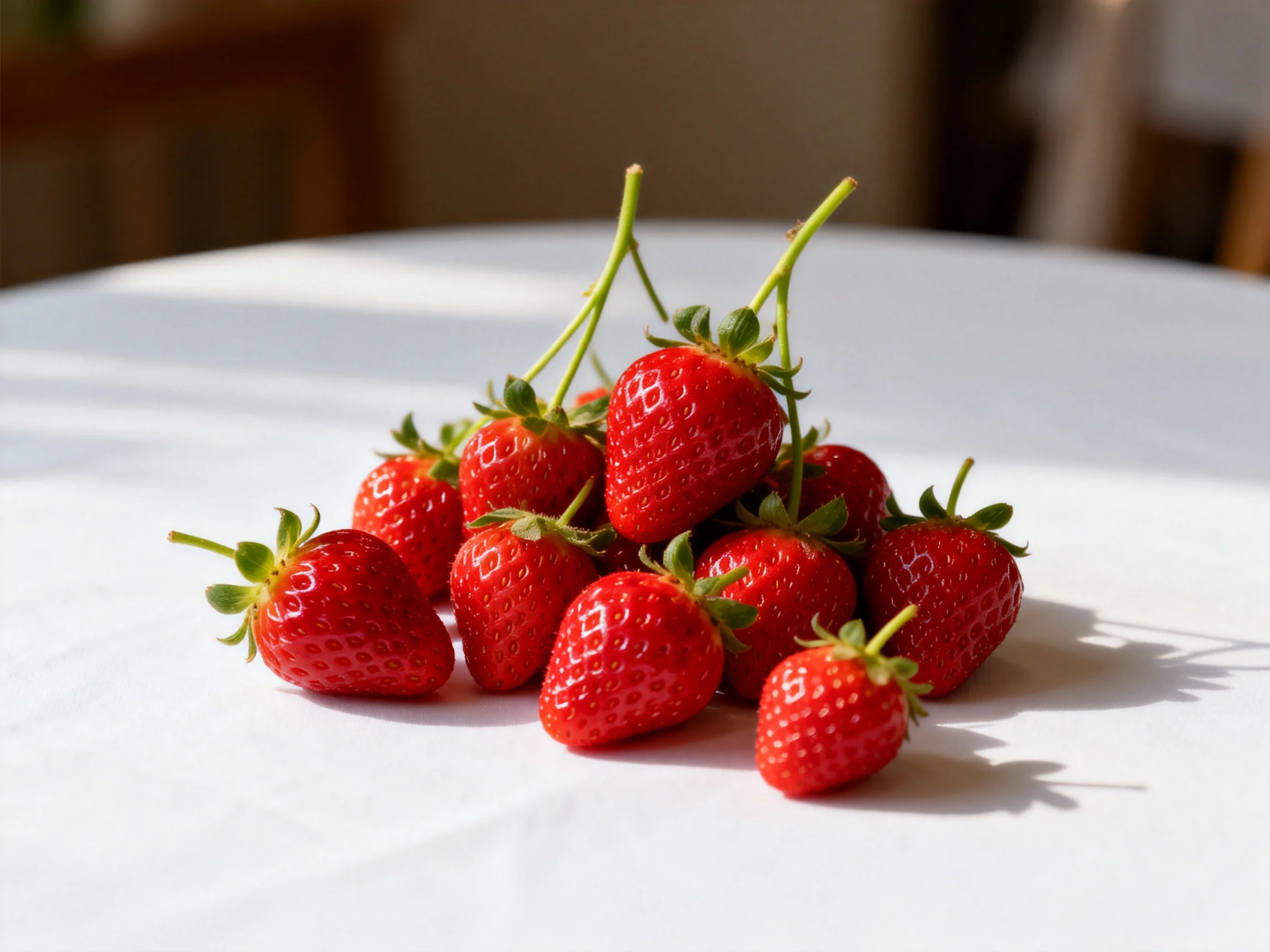 A cluster of ripe red strawberries arranged on a white surface