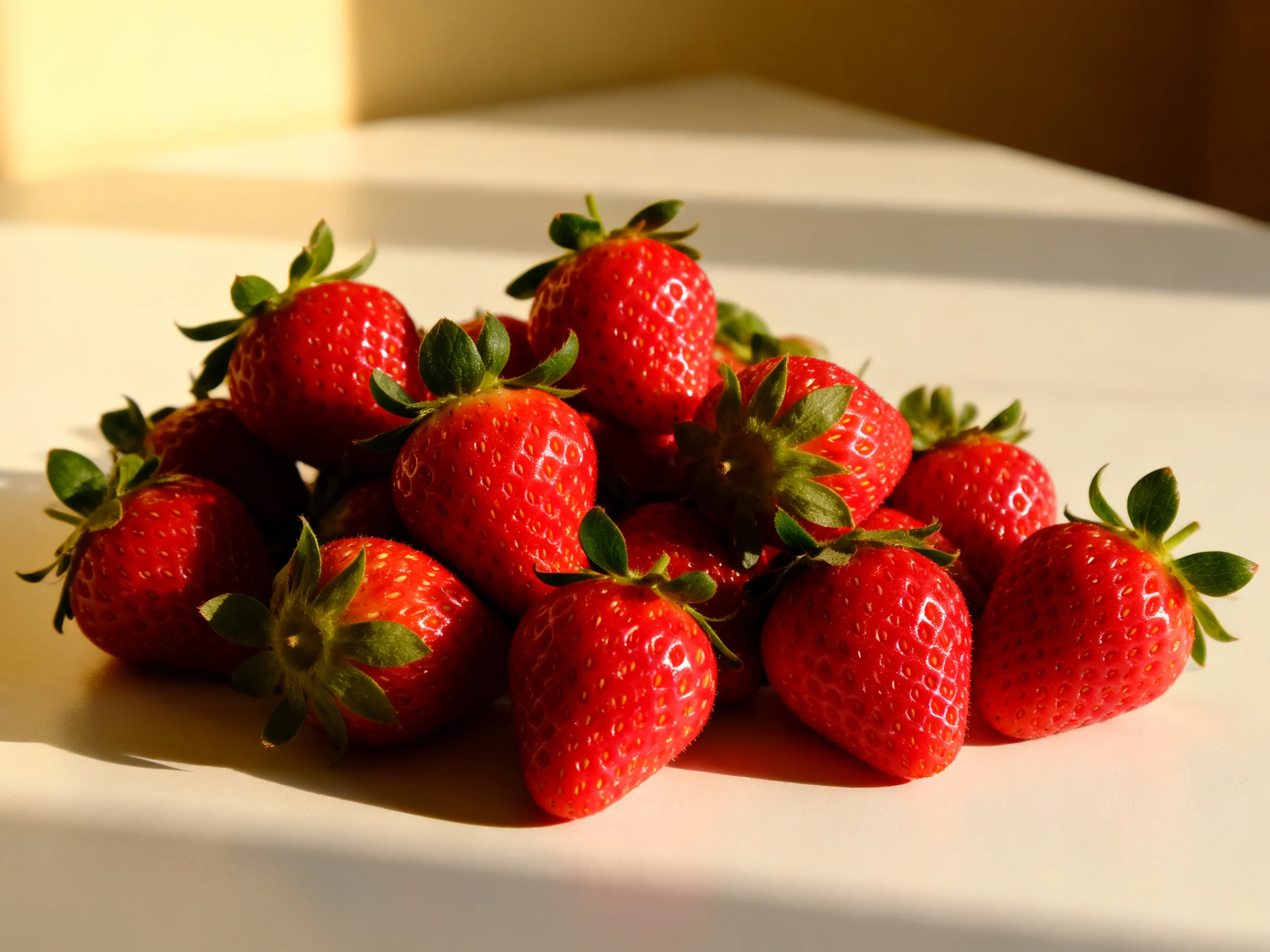 A cluster of ripe red strawberries with green tops on a white surface
