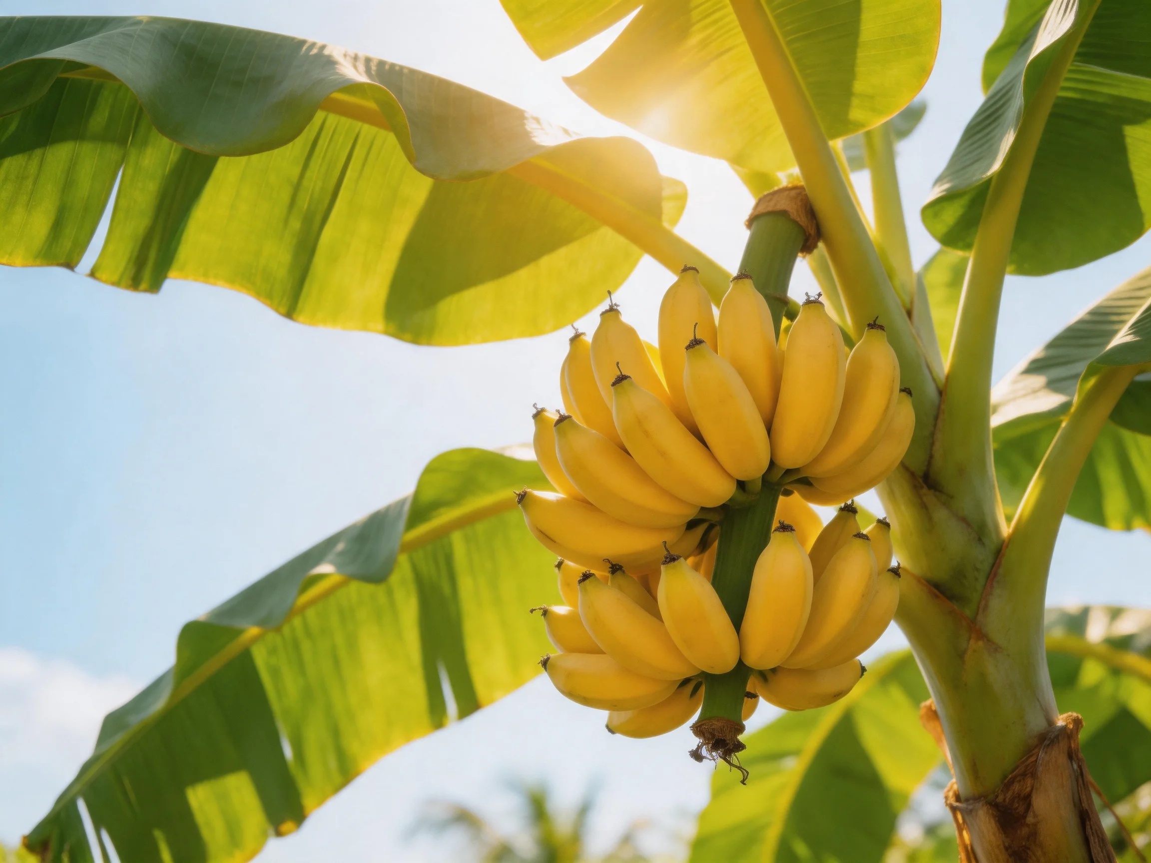 A cluster of ripe yellow bananas hangs from a banana tree with broad green leaves under bright sunlig